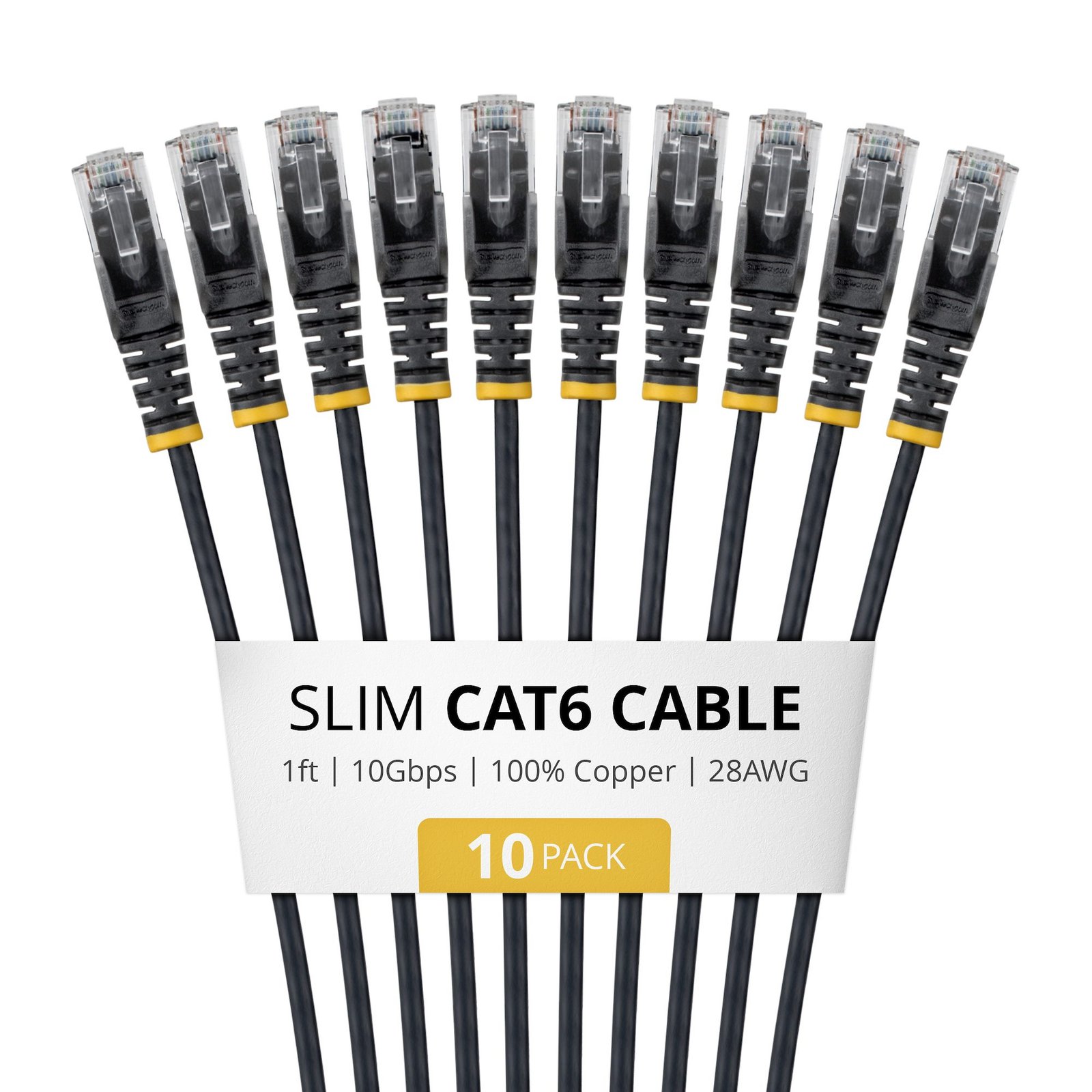 StarTech.com 1ft Black Slim CAT6 Cable, 10 Pack, Snagless, 100W PoE, UTP, LSZH, 28AWG Pure Bare N6PAT1BKS10PK