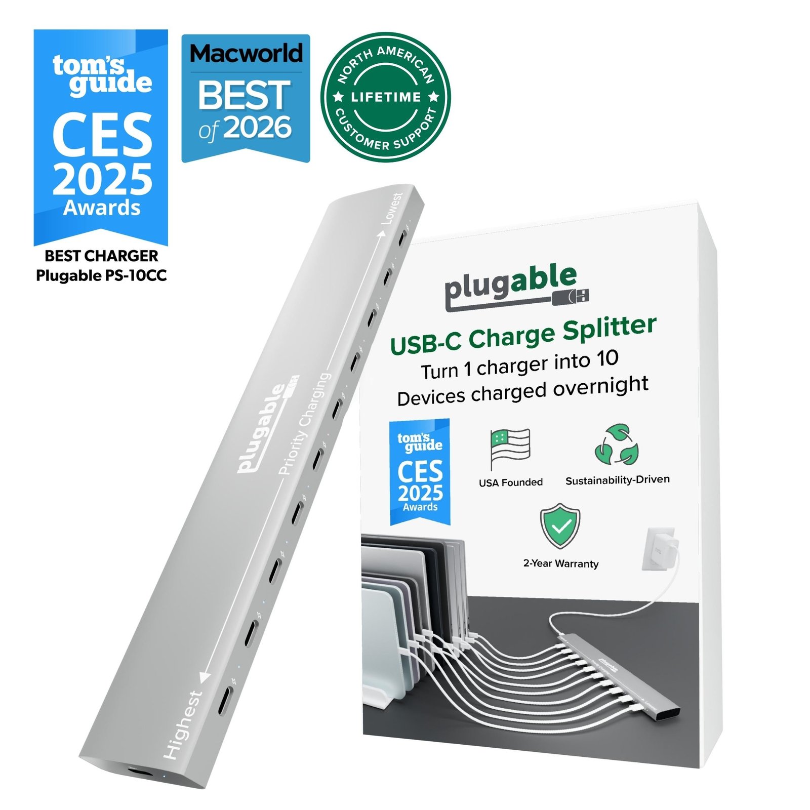 Plugable Technologies 10 Port USB-C Charging Station, 100W Priority PS-10CC