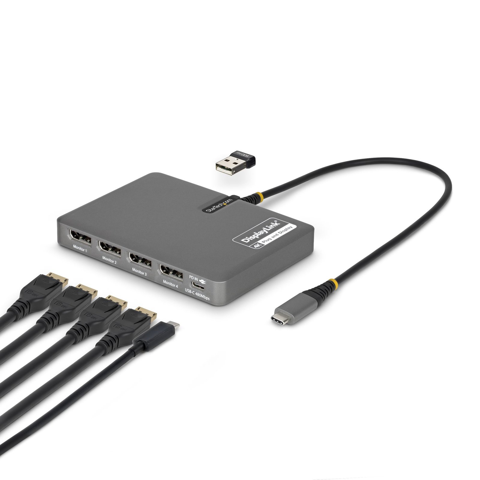StarTech.com USB-C to Quad-Monitor Workstation Adapter, 4K 60Hz DisplayPort, 140W PD Passthrough QUAD-USB-DP-ADAPT