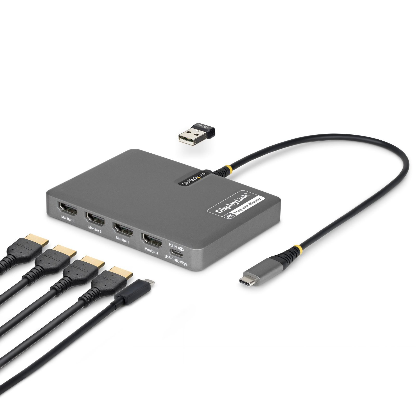StarTech.com USB-C to Quad-Monitor Workstation Adapter, 4K 60Hz HDMI, 140W PD Passthrough for QUAD-USB-HDMI-ADAPT