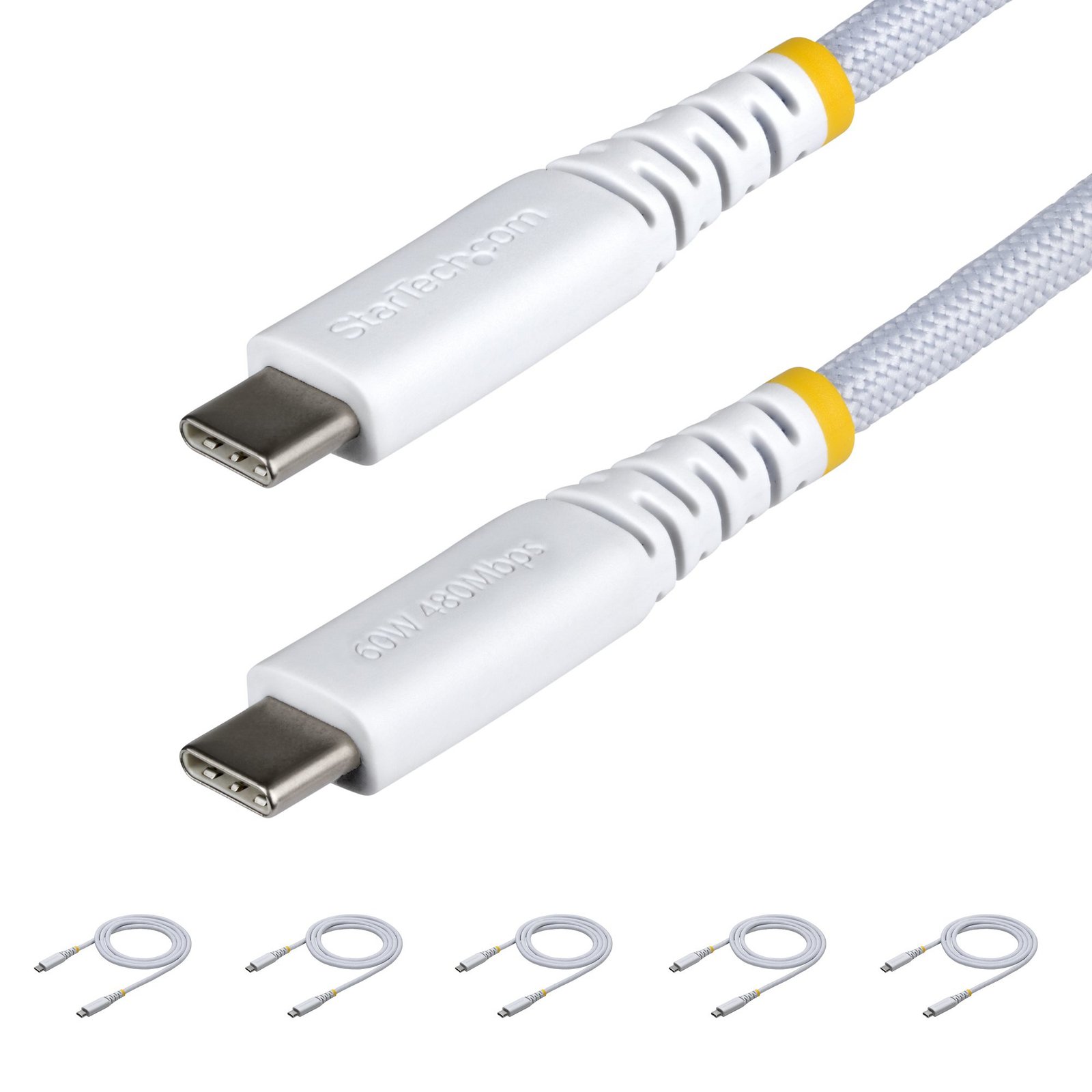 StarTech.com 5-Pack 3ft (91cm) White USB-C Charging Cable, 60W (3A) PD, Dual-Layer Braided USB2CC3FNCBRWH5PK