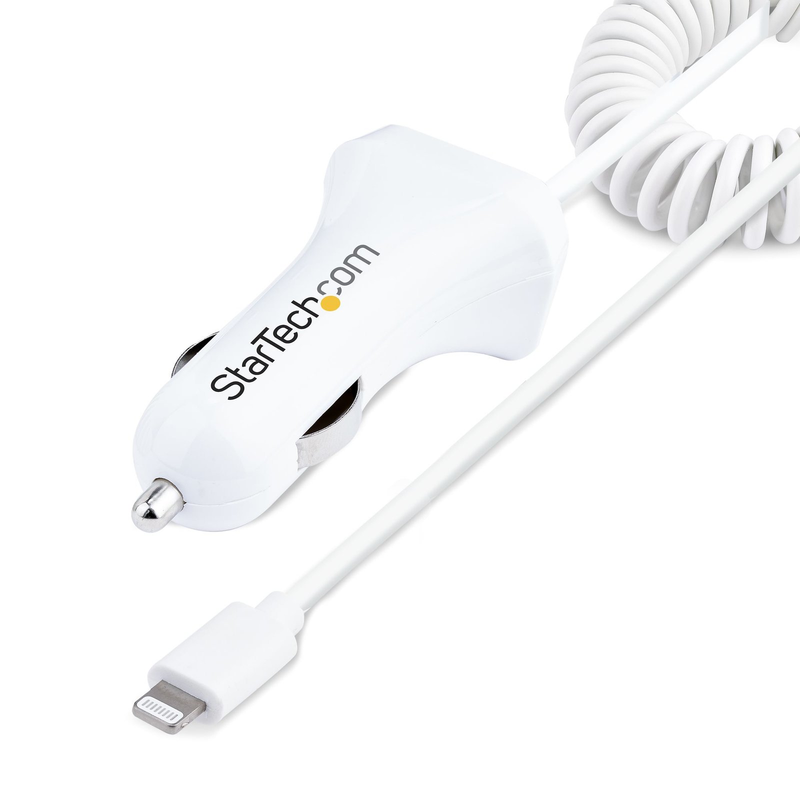 StarTech.com Lightning Car Charger with Coiled Cable, 1m 12W, White, 2 Port USB Adapter for Phones USBLT2PCARW2