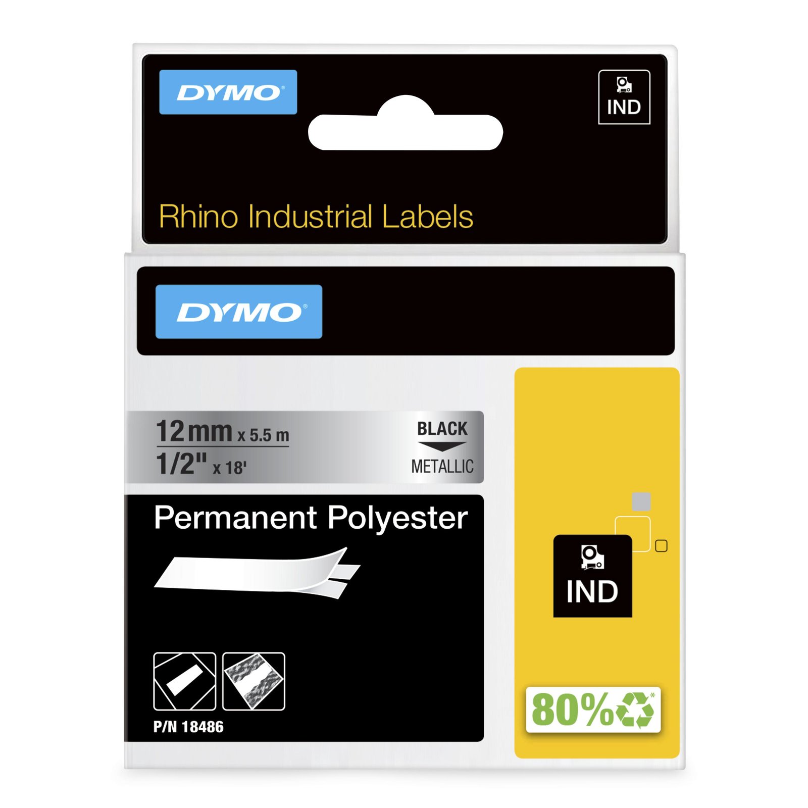 DYMO Rhino Industrial Permanent Polyester Labels | 12mm x 5.5m | Black Print on Metallic | for & NWL-18486