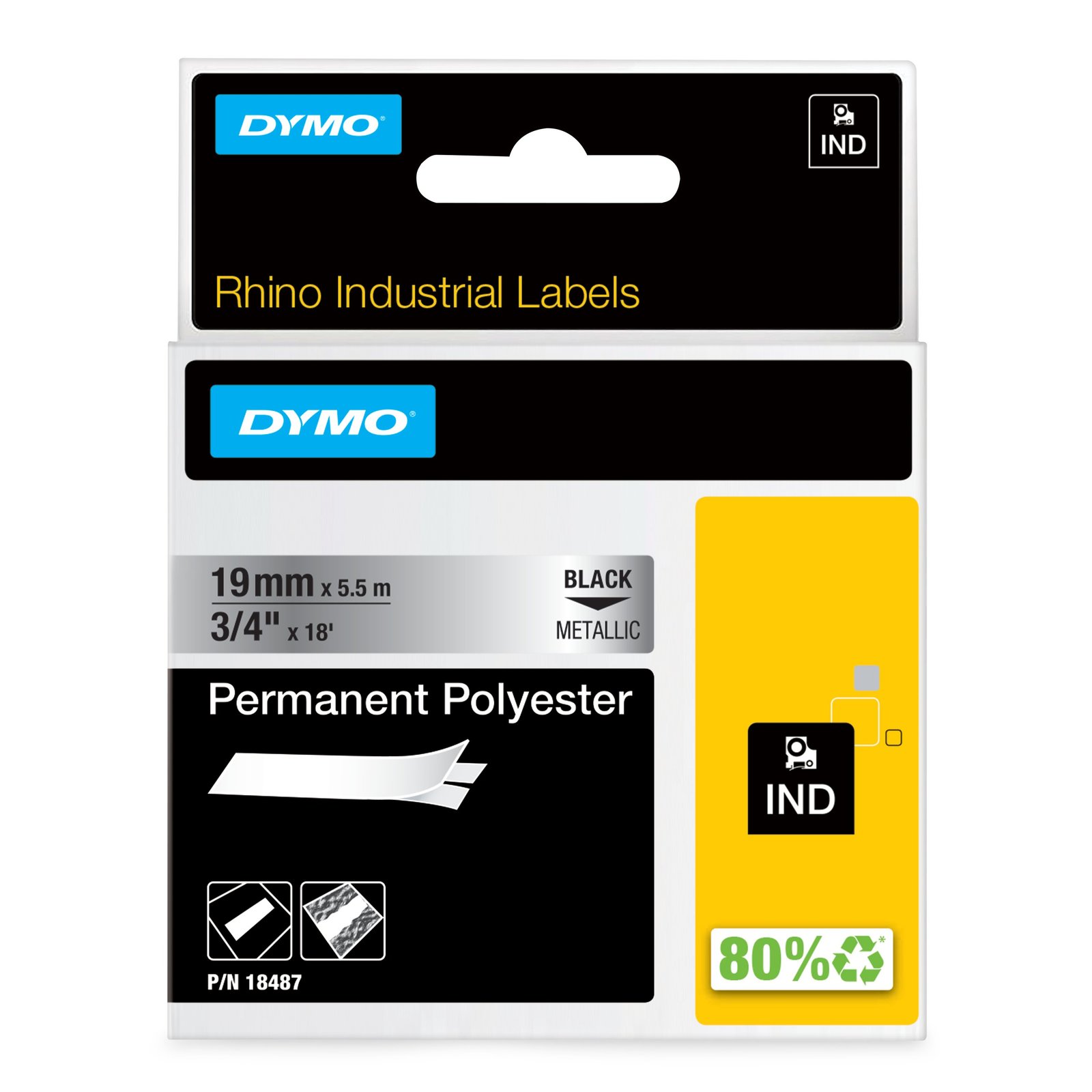 DYMO Rhino Industrial Permanent Polyester Labels | 19 mm x 5.5 m | Black Print on Metallic | NWL-18487