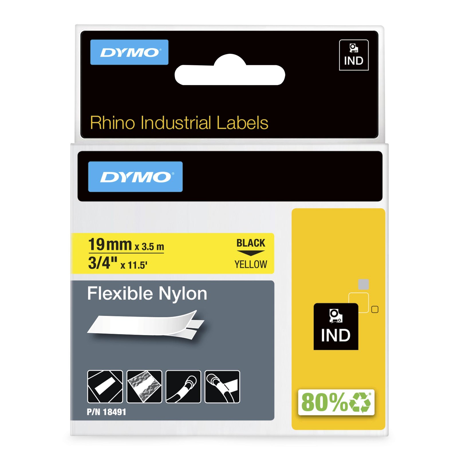 DYMO Rhino Industrial Flexible Nylon Labels | 19 mm x 3.5 m | Black Print on Yellow | Self-Adhesive NWL-18491