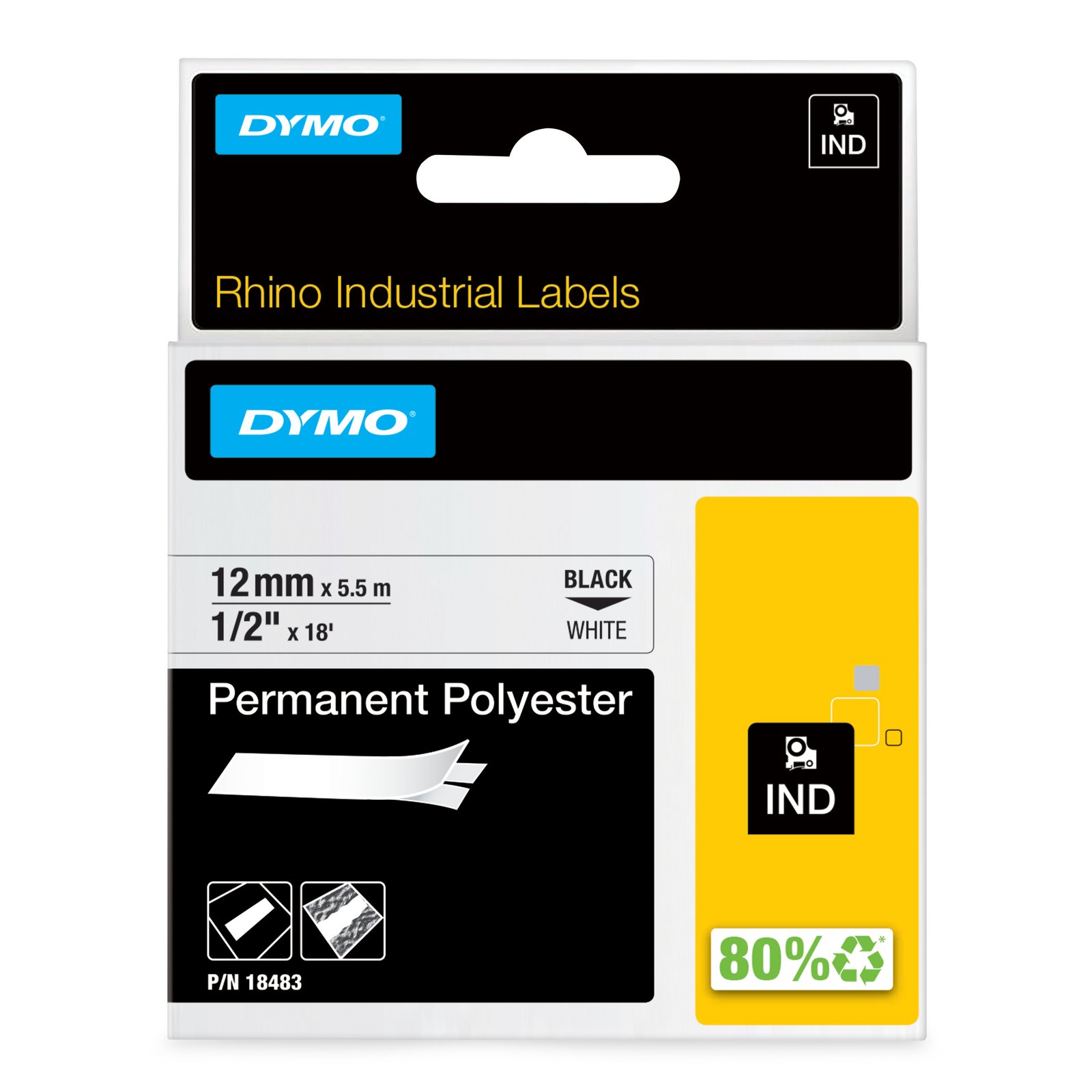 DYMO Rhino Industrial Permanent Polyester Labels | 12 mm x 5.5 m | Black Print on White | NWL-18483