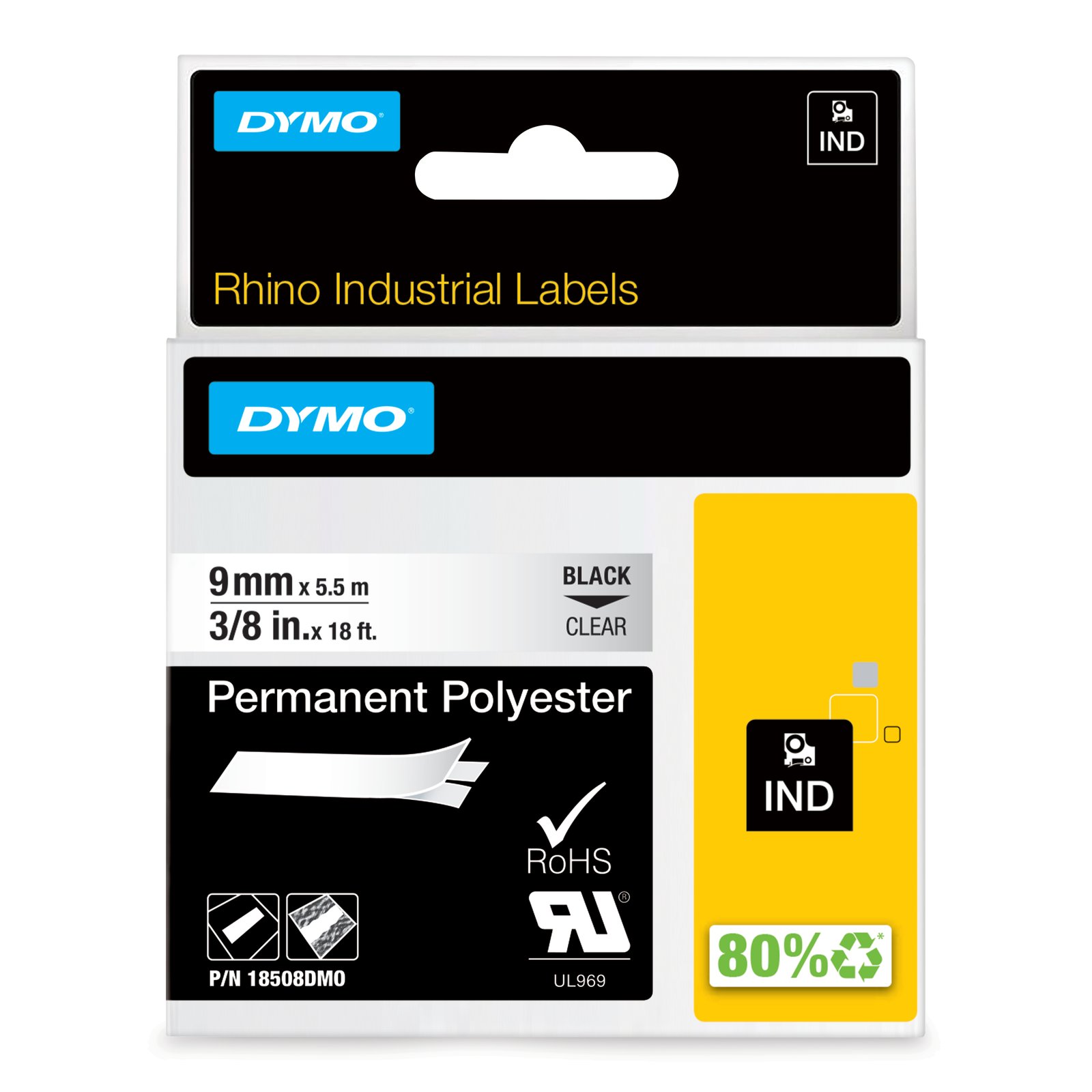 DYMO Rhino Industrial Permanent Polyester Labels | 9 mm x 5.5 m | Black Print on Clear | NWL-18508DMO