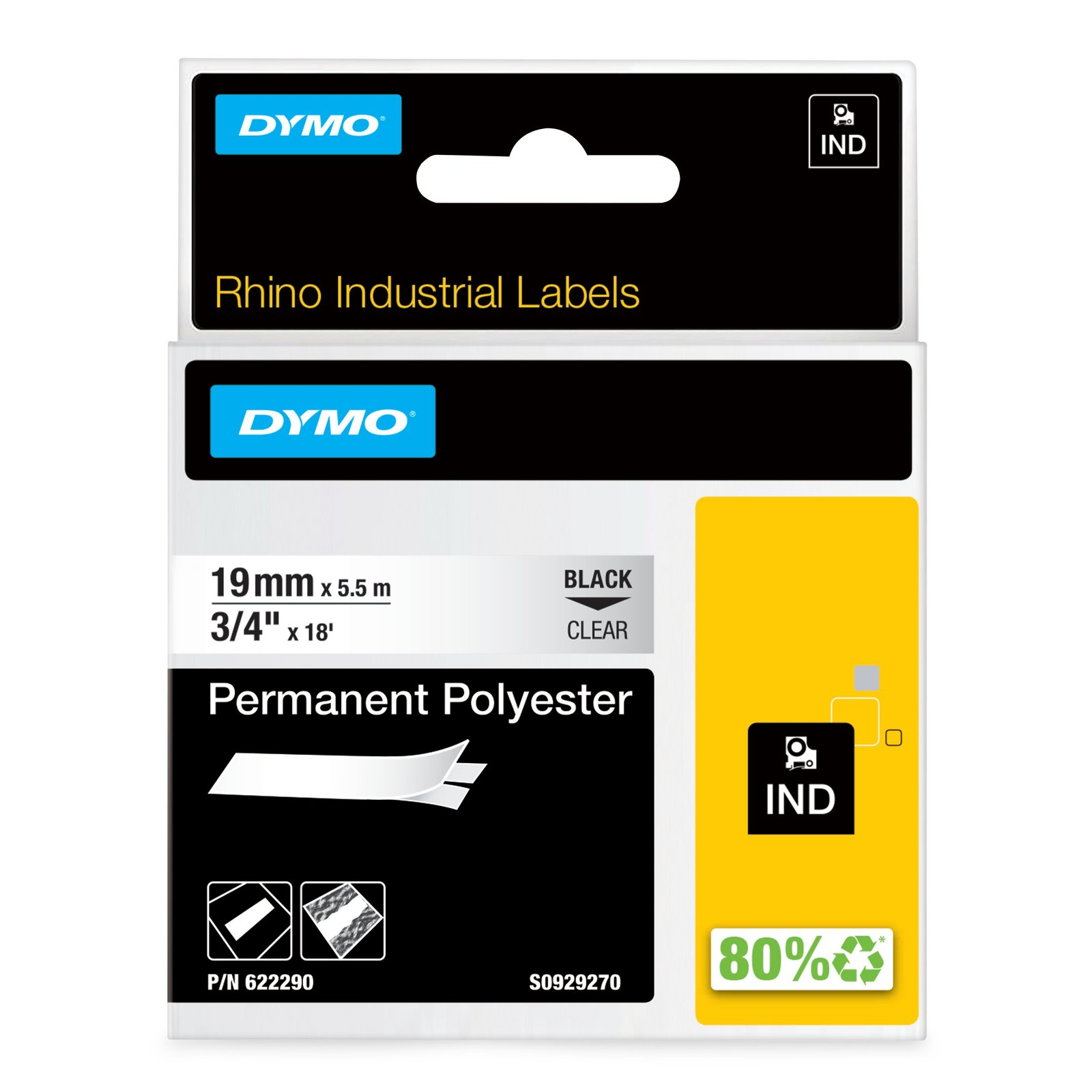 DYMO Rhino Industrial Permanent Polyester Labels | 19 mm x 5.5 m | Black Print on Clear | NWL-622290