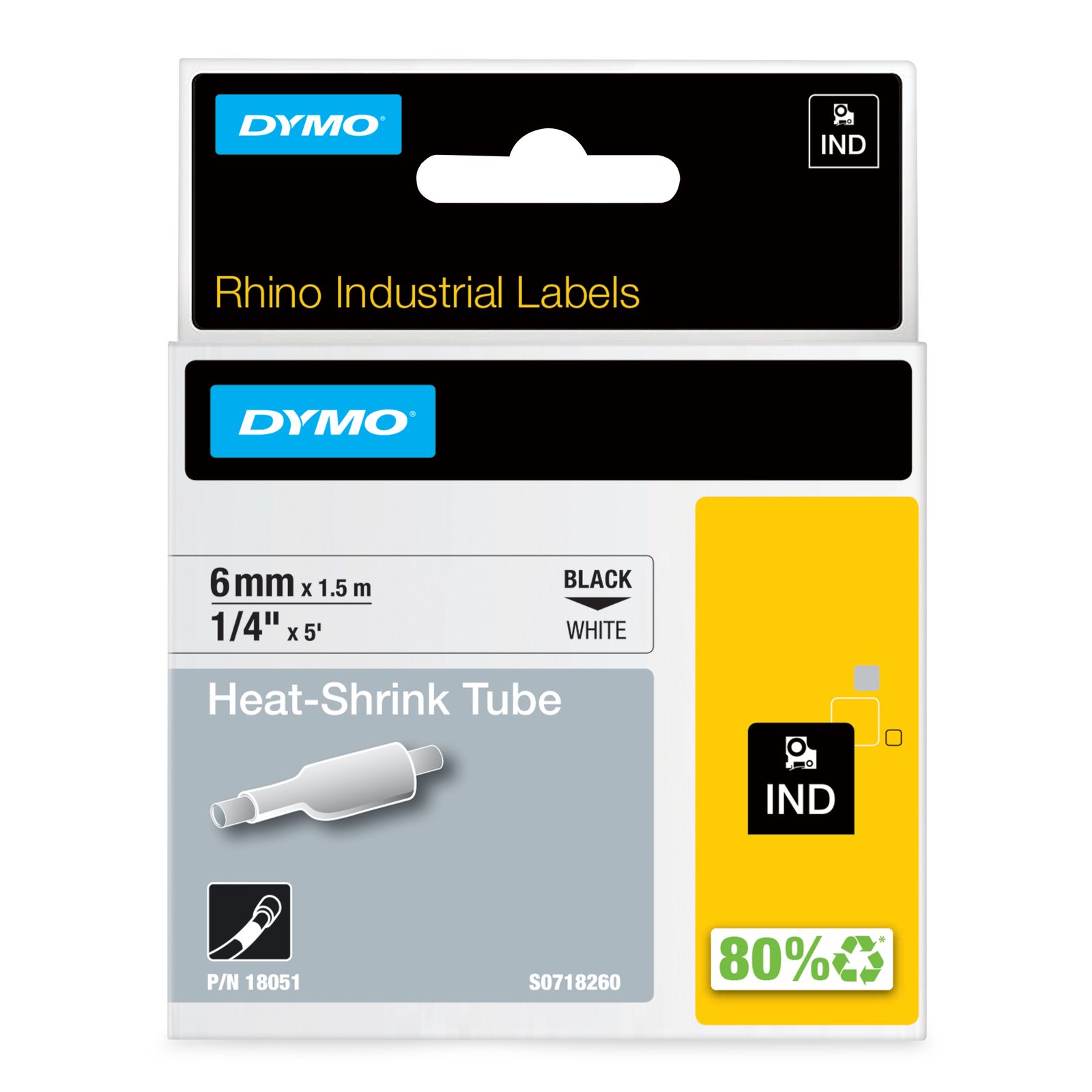 DYMO Rhino Industrial Heat-Shrink Cable Label Tubes | 6mm x 1.5m | Black Print on White | for NWL-18051