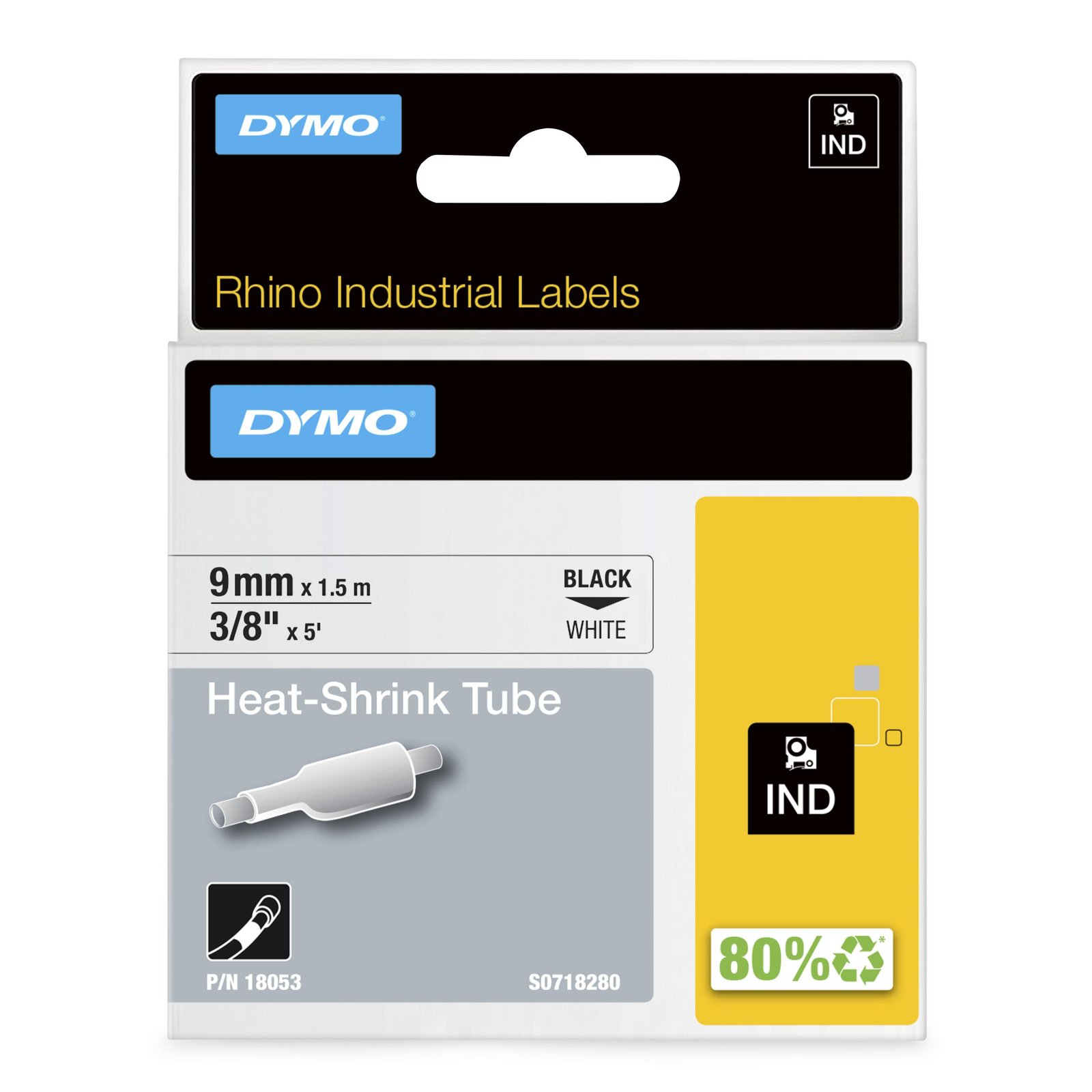 DYMO Rhino Industrial Heat-Shrink Cable Label Tubes | 9 mm x 1.5 m | Black Print on White | for NWL-18053