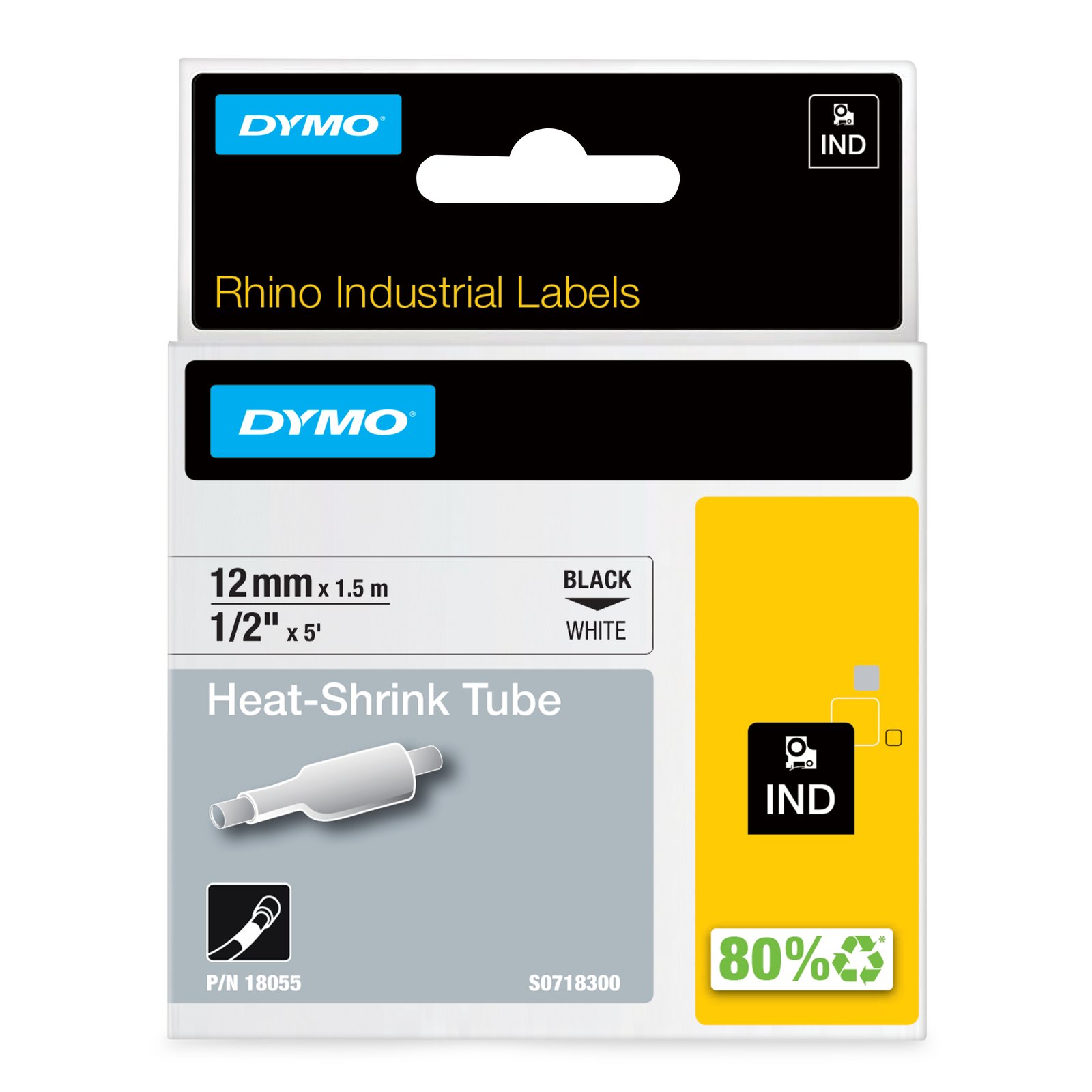 DYMO Rhino Industrial Heat-Shrink Cable Label Tubes | 12mm x 1.5m | Black Print on White | for NWL-18055