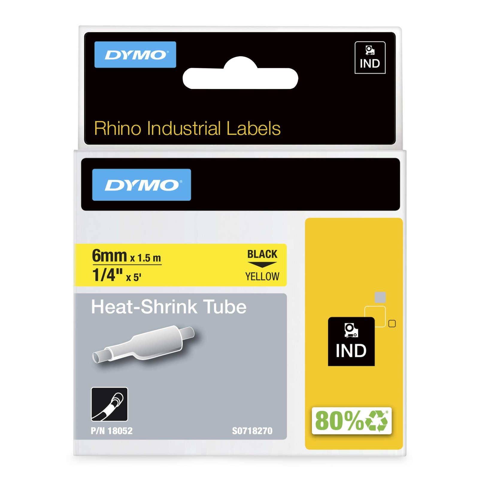 DYMO Rhino Industrial Heat-Shrink Cable Label Tubes | 6 mm x 1.5 m | Black on Yellow | for Makers NWL-18052