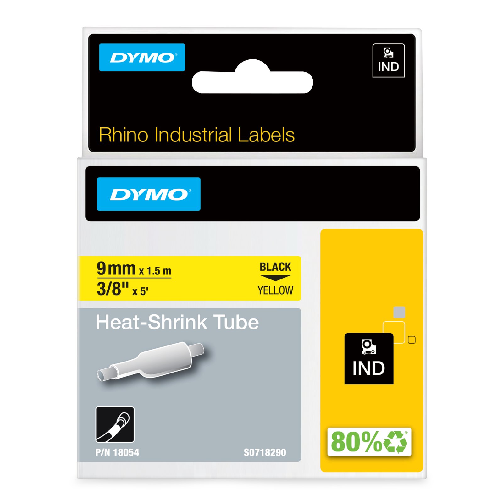 DYMO Rhino Industrial Heat-Shrink Cable Label Tubes | 9 mm x 1.5 m | Black on Yellow | for Makers NWL-18054