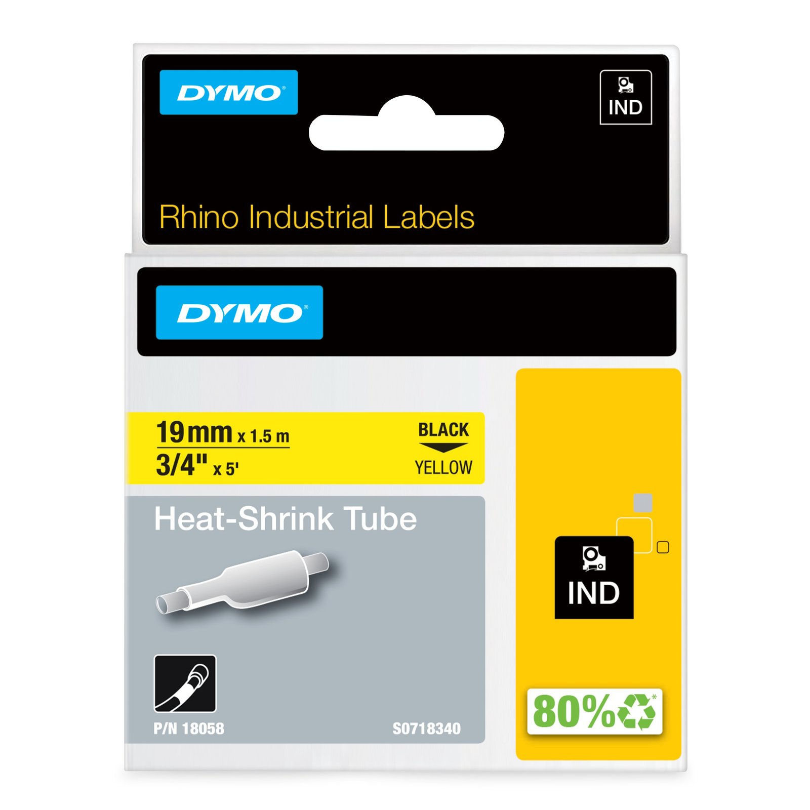 DYMO Rhino Industrial Heat-Shrink Cable Label Tubes | 19 mm x 1.5 m | Black Print on Yellow | for NWL-18058