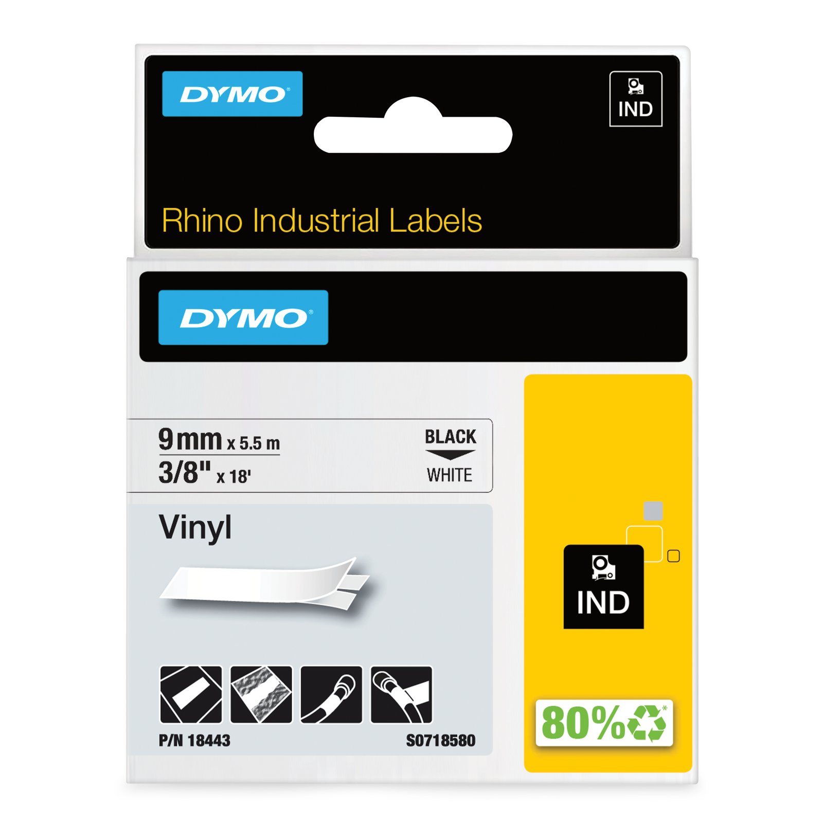 DYMO Rhino Industrial Vinyl Labels | 9 mm x 5.5 m | Black Print on White | Self-Adhesive | for & NWL-18443