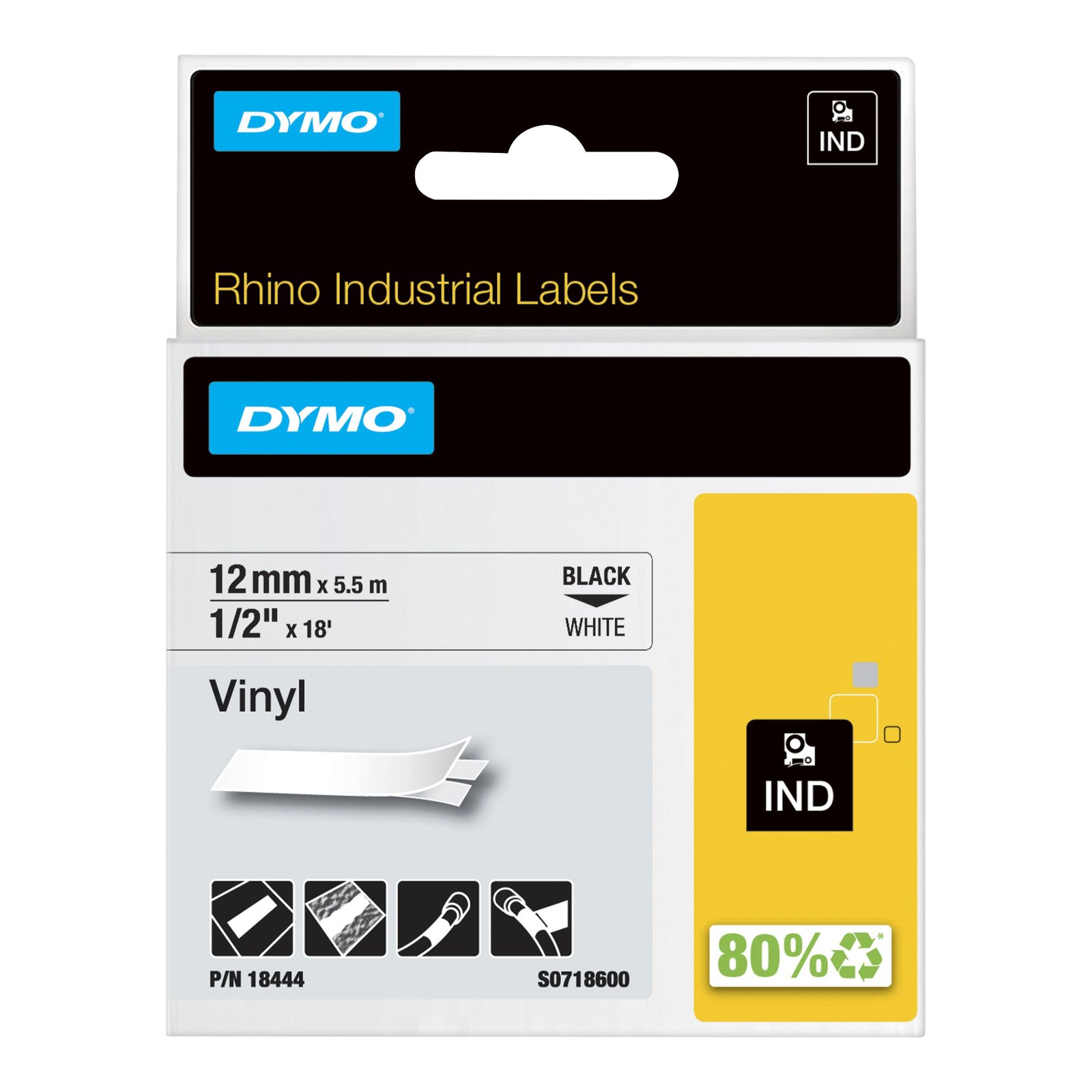 DYMO Rhino Industrial Vinyl Labels | 12 mm x 5.5 m | Black Print on White | Self-Adhesive | for & NWL-18444