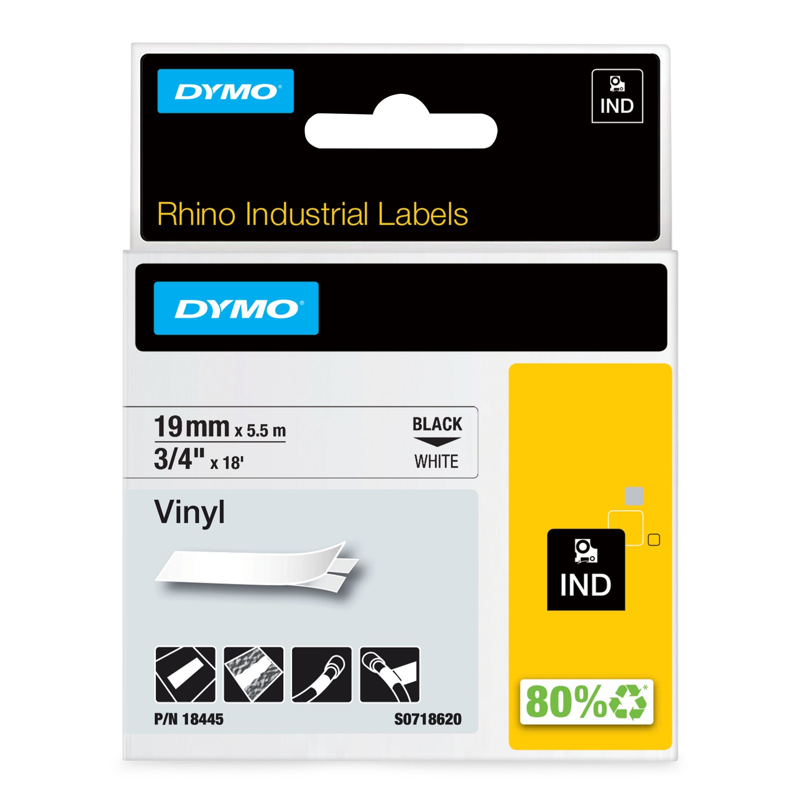 DYMO Rhino Industrial Vinyl Labels | 19 mm x 5.5 m | Black Print on White | Self-Adhesive | for & NWL-18445