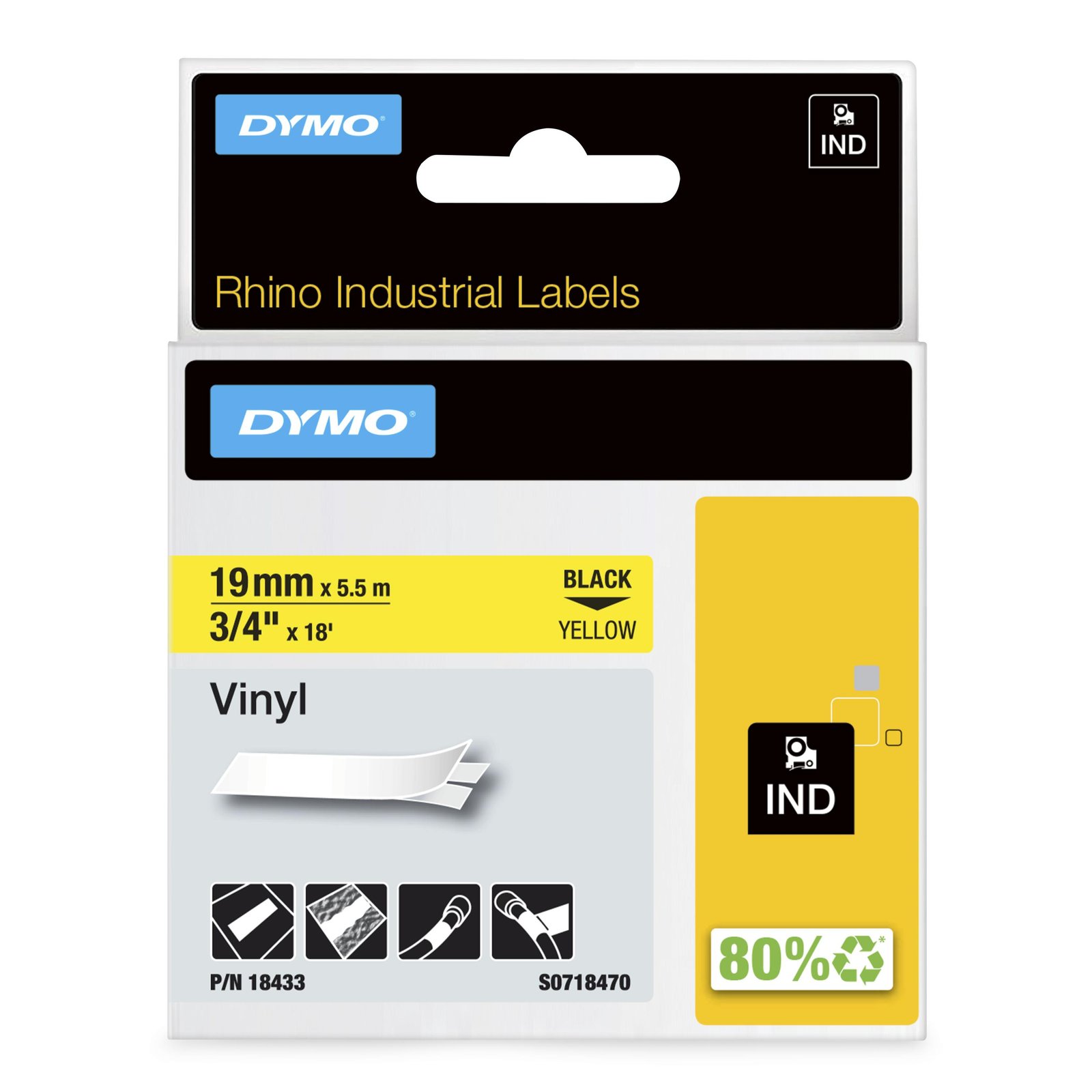 DYMO Rhino Industrial Vinyl Labels | 19 mm x 5.5 m | Black Print on Yellow | Self-Adhesive | for & NWL-18433