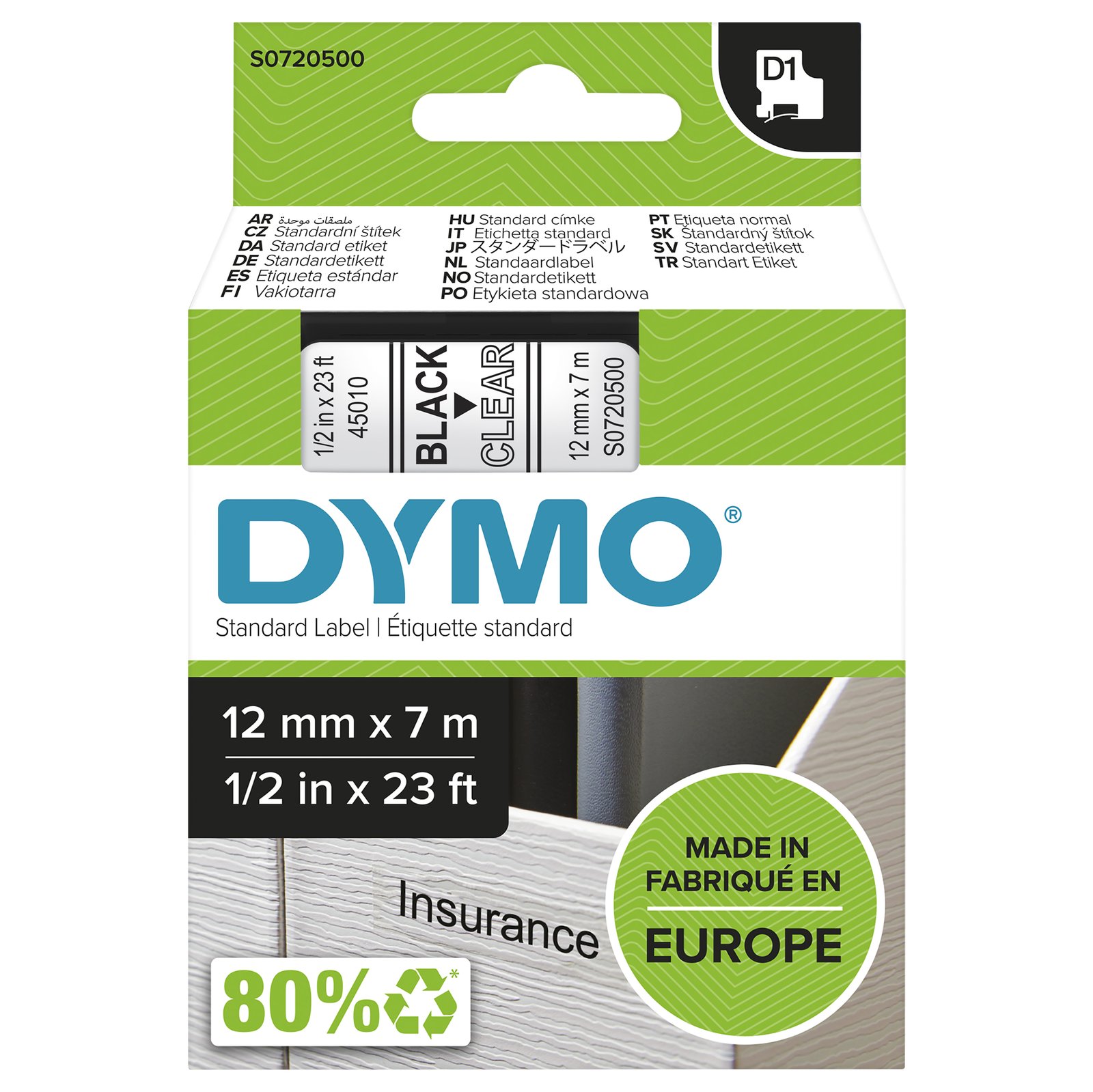 DYMO Authentic D1 Labels | Black Print on Clear Tape | 12 mm x 7 m | Self-Adhesive for LabelManager NWL-45010