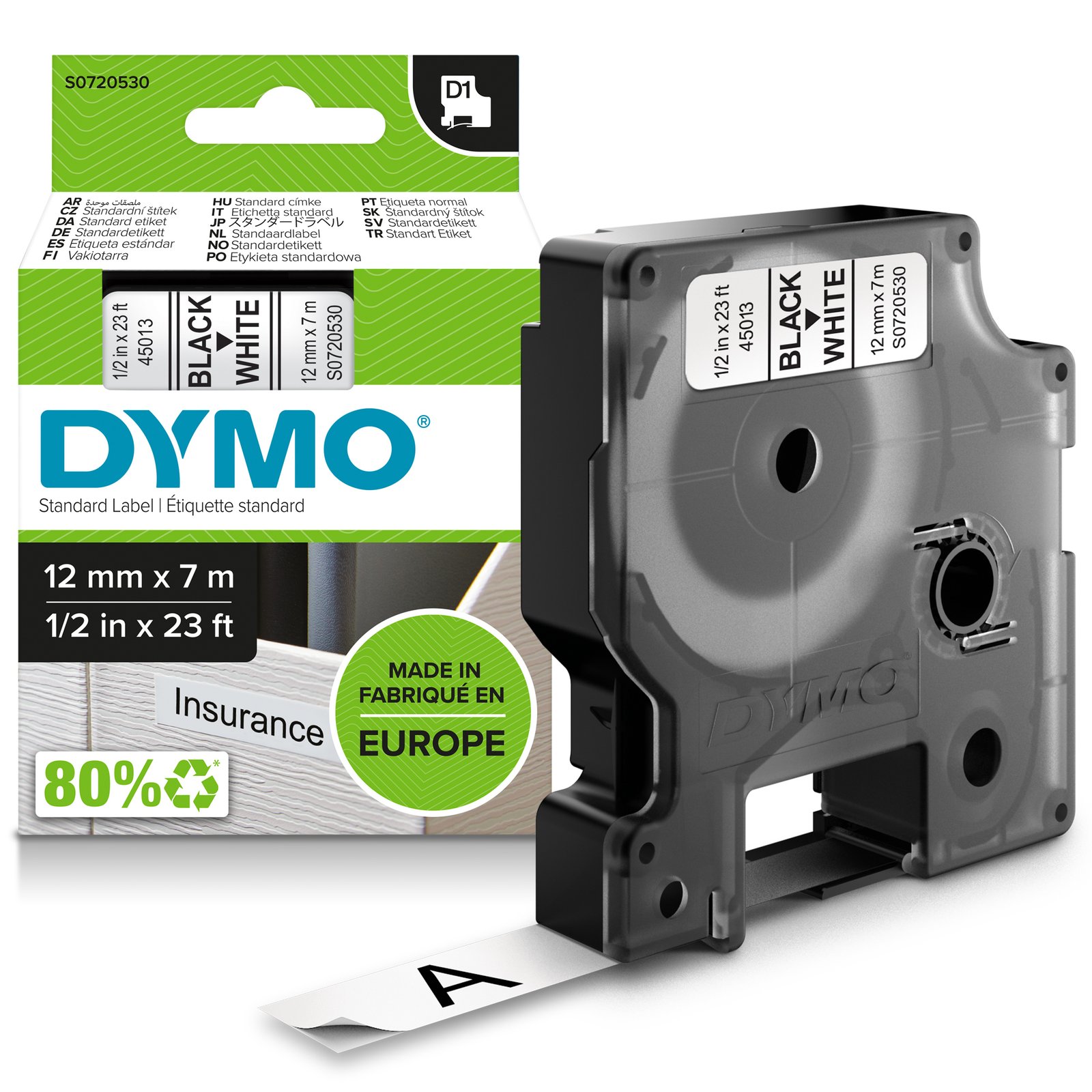 DYMO Authentic D1 Labels | Black Print on White Tape | 12 mm x 7 m | Self-Adhesive for LabelManager NWL-45013