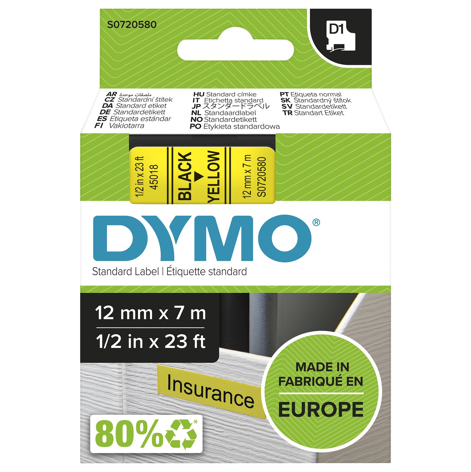 DYMO Authentic D1 Labels | Black Print on Yellow Tape | 12 mm x 7 m | Self-Adhesive for NWL-45018