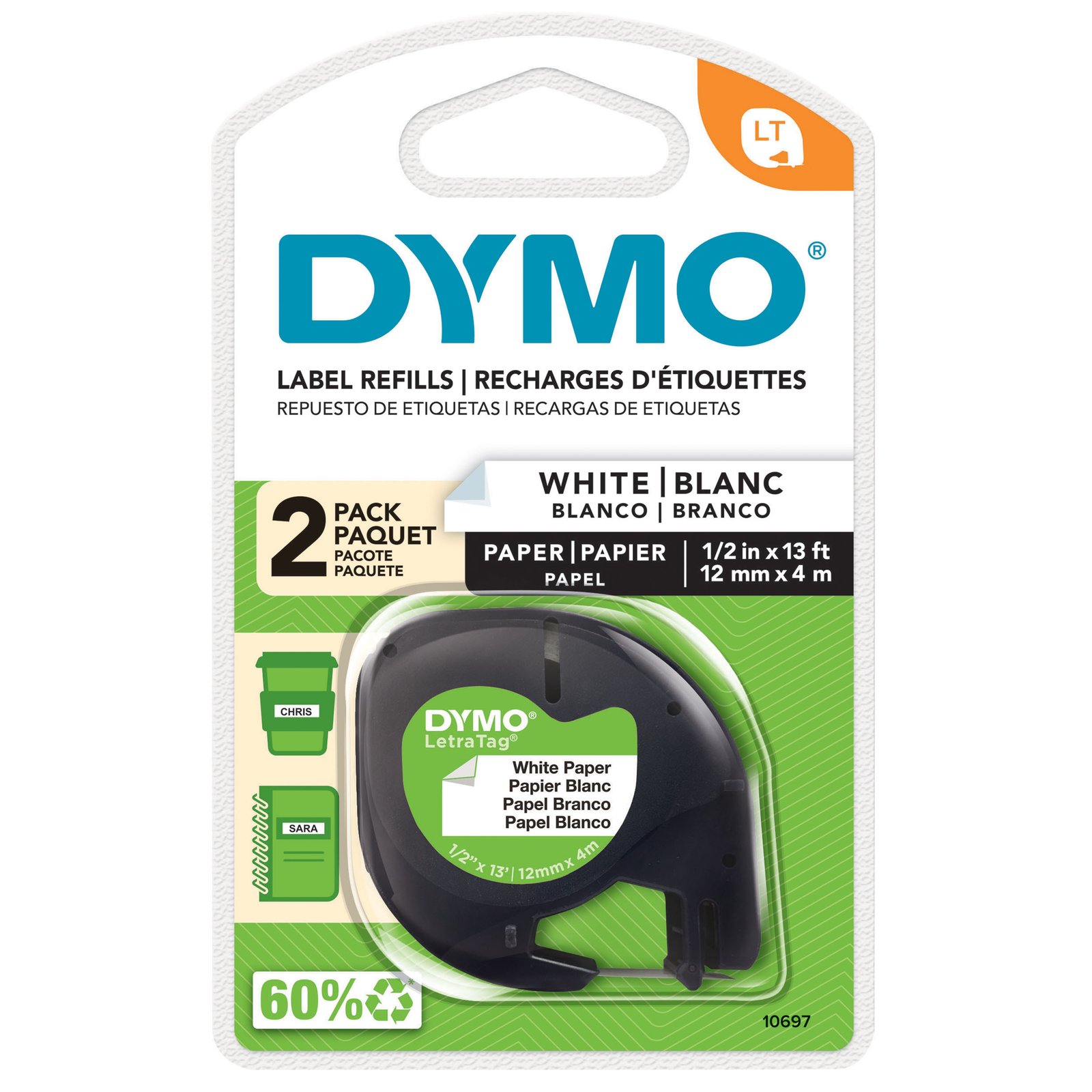 DYMO LetraTag Paper Labels | Authentic | 12 mm x 4 m Roll | Black Print on White | Self-Adhesive NWL-10697