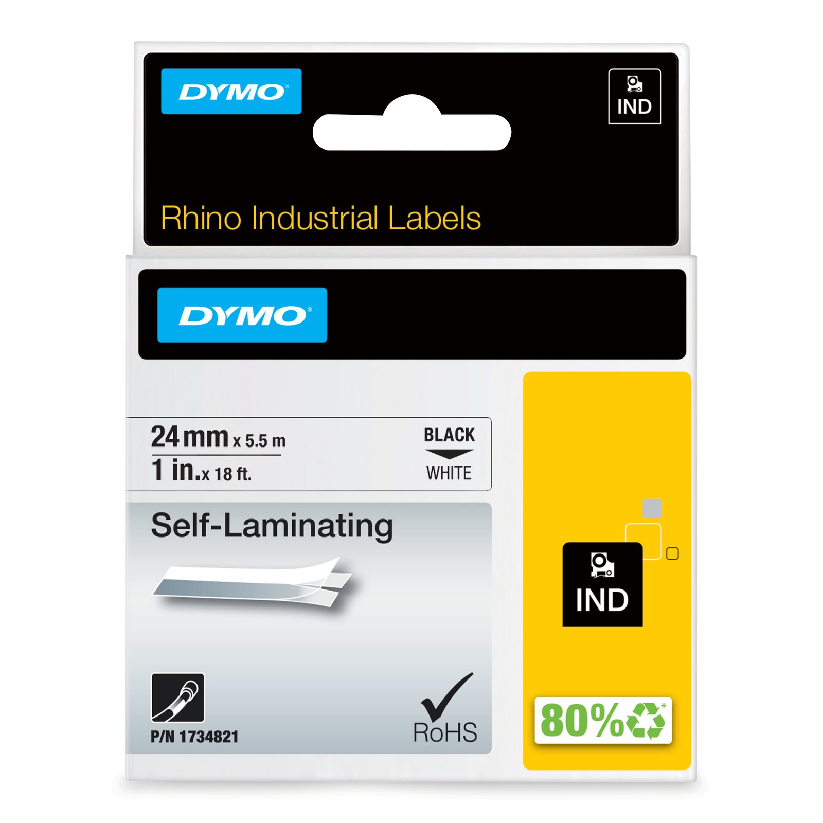 DYMO Rhino Industrial Self Laminating Labels | 24 mm x 5.5m | White on Black | for Label Makers NWL-1734821