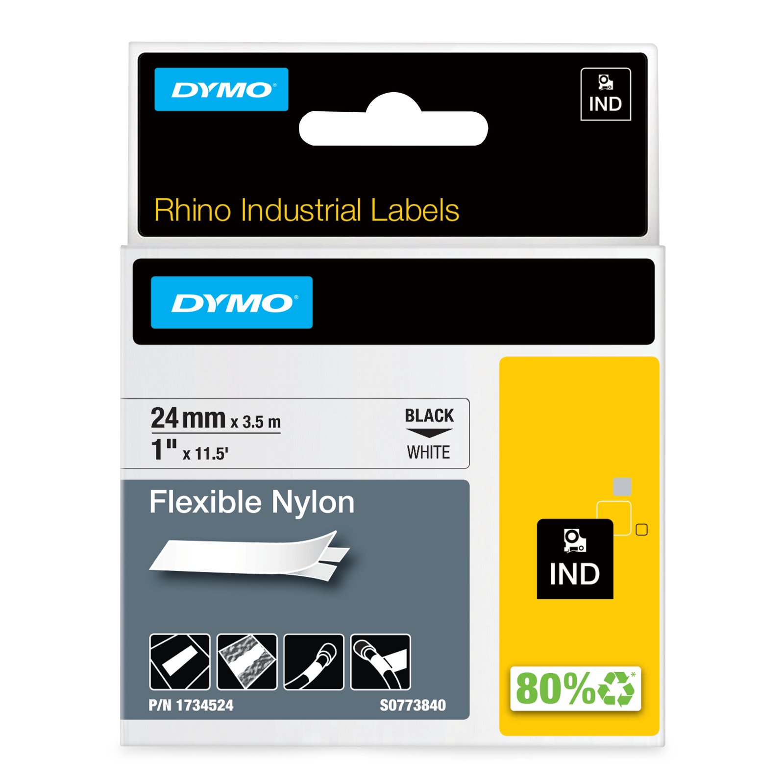DYMO Rhino Industrial Flexible Nylon Labels | 24 mm x 3.5 m | Black Print on White | Self-Adhesive NWL-1734524