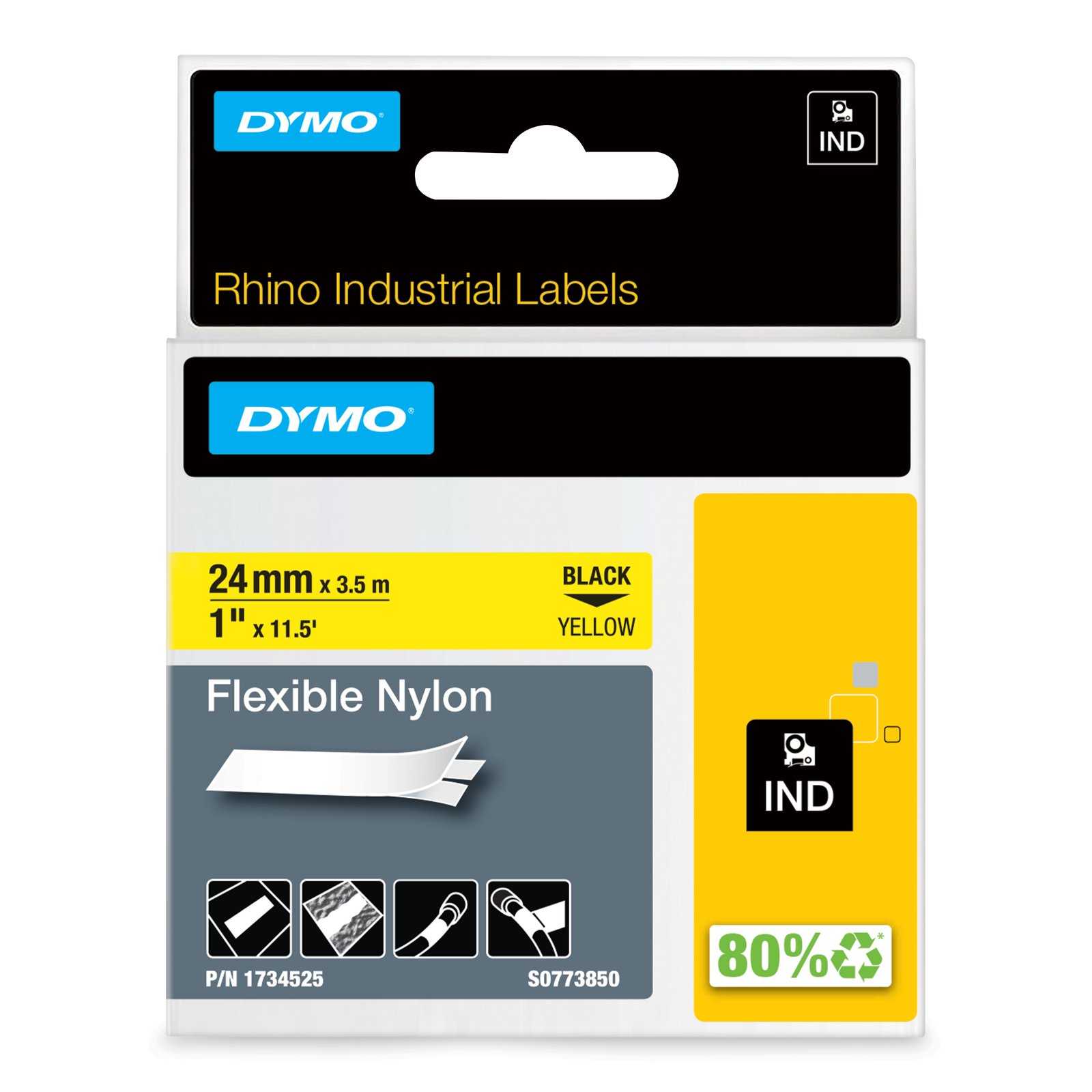 DYMO Rhino Industrial Flexible Nylon Labels | 24 mm x 3.5 m | Black Print on Yellow | Self-Adhesive NWL-1734525