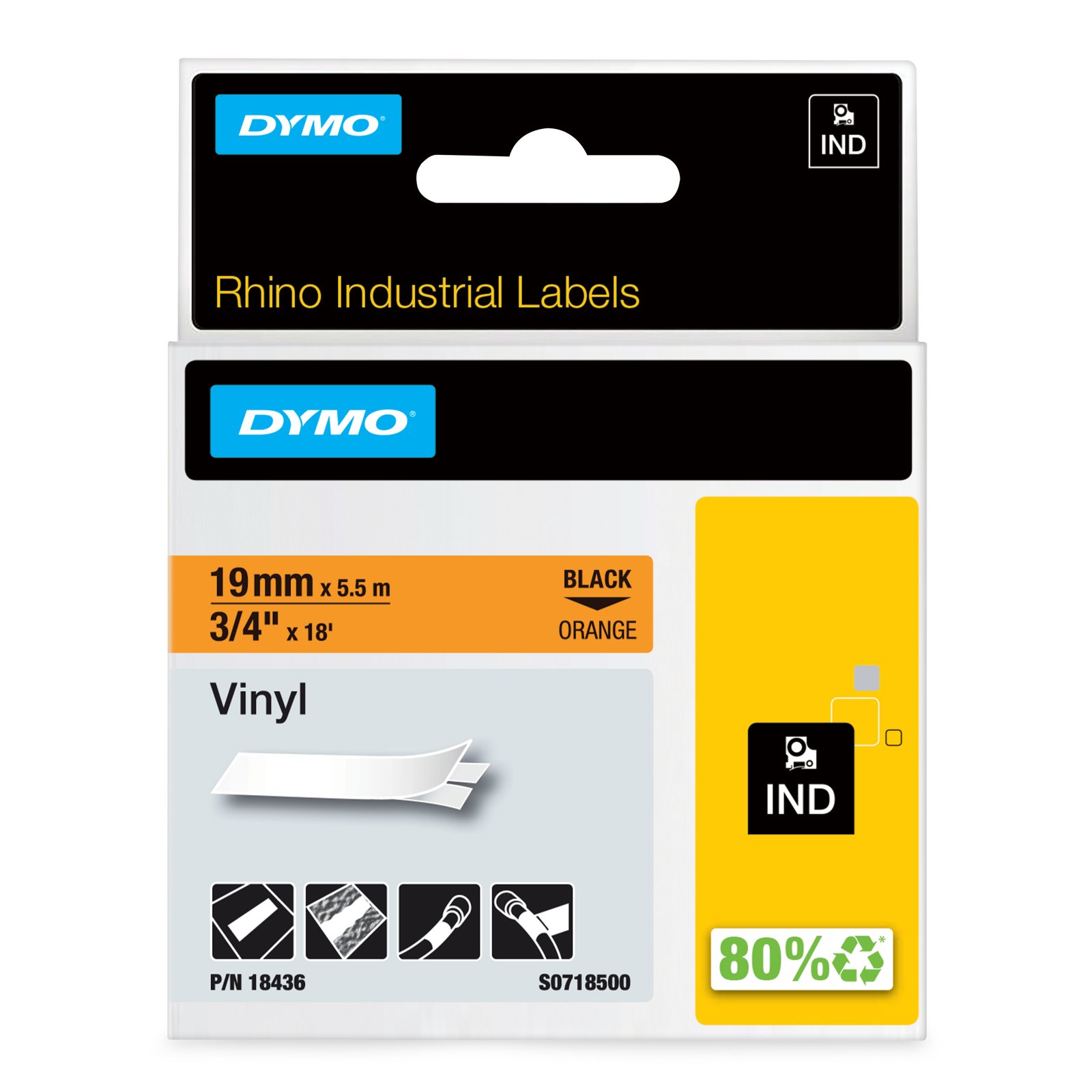 DYMO Rhino Industrial Vinyl Labels | 19 mm x 5.5 m | Black Print on Orange | Self-Adhesive | for & NWL-18436