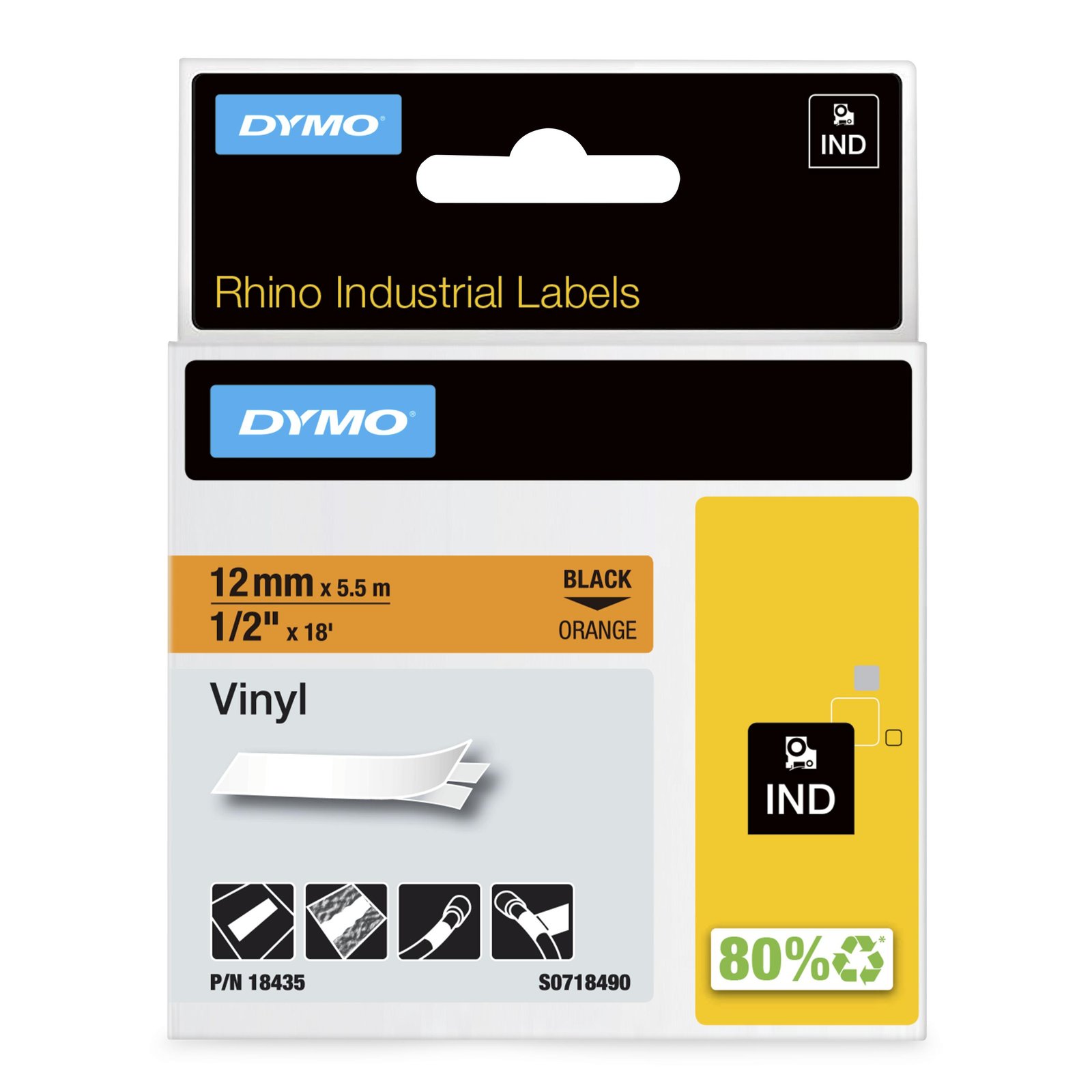 DYMO Rhino Industrial Vinyl Labels | 12 mm x 5.5 m | Black Print on Orange | Self-Adhesive | for & NWL-18435