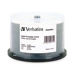 VERBATIM AMERICAS LLC CD-R 80MIN 700MB 52X DataLifePlus White Inkjet, Hub Printable 50pk Spindle 50 VBM-94755
