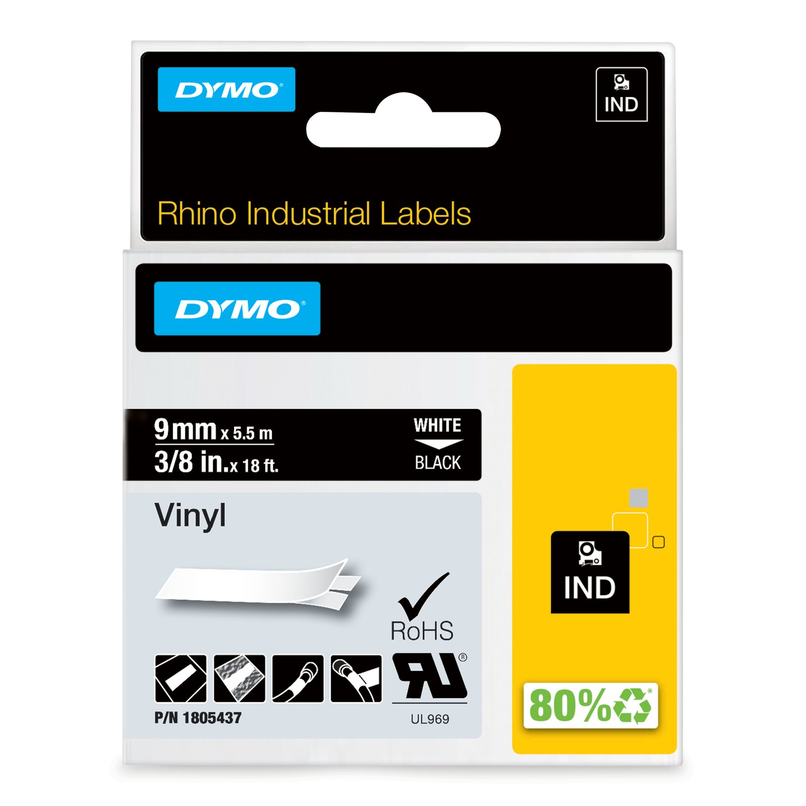 DYMO Rhino Industrial Vinyl Labels | 9 mm x 5.5 m | White Print on Black | Self-Adhesive | for NWL-1805437