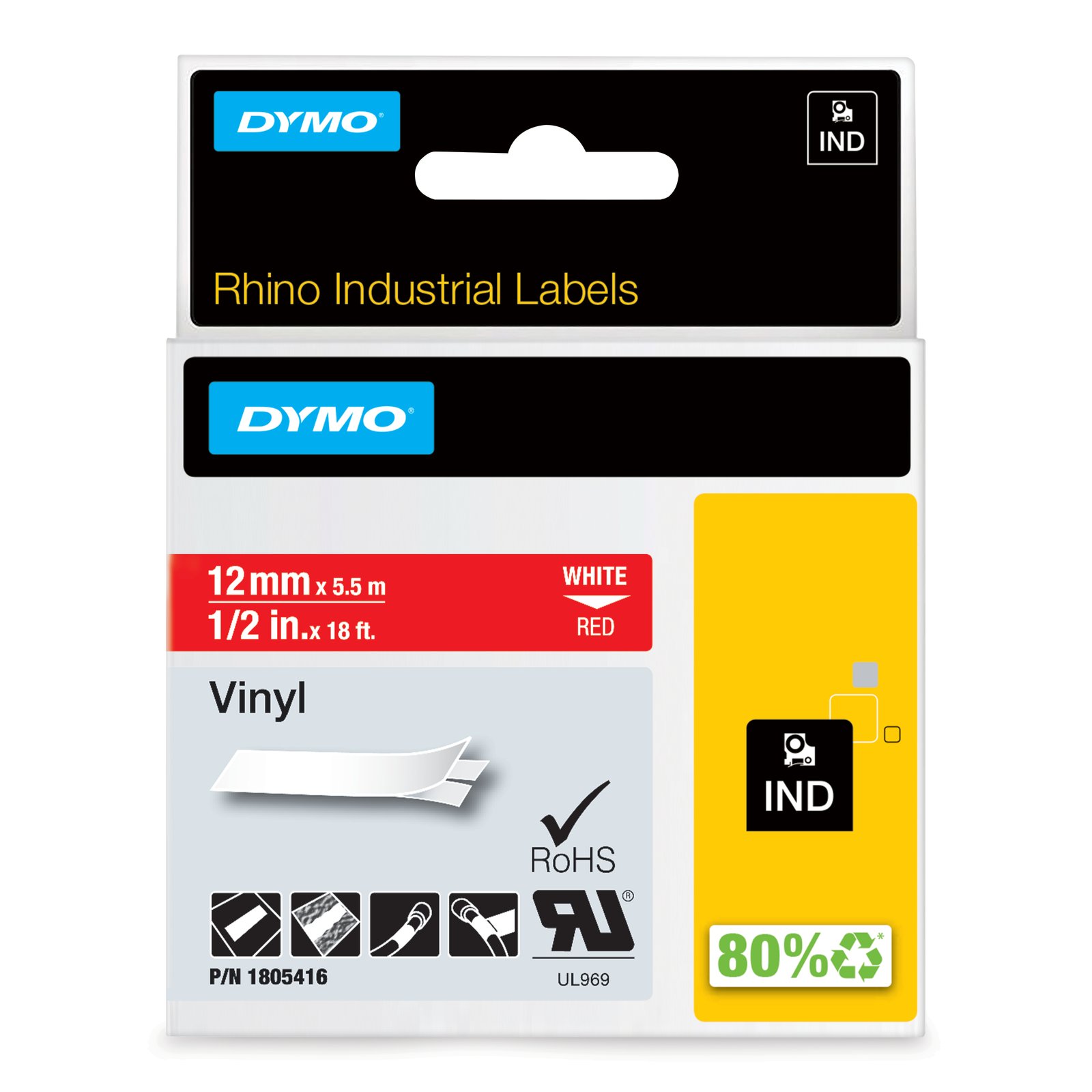 DYMO Rhino Industrial Vinyl Labels | 12 mm x 5.5 m | White Print on Red | Self-Adhesive | for NWL-1805416