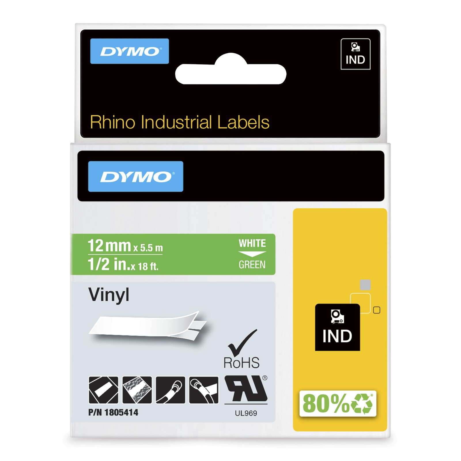 DYMO Rhino Industrial Vinyl Labels | 12 mm x 5.5 m | White Print on Green | Self-Adhesive | for & NWL-1805414