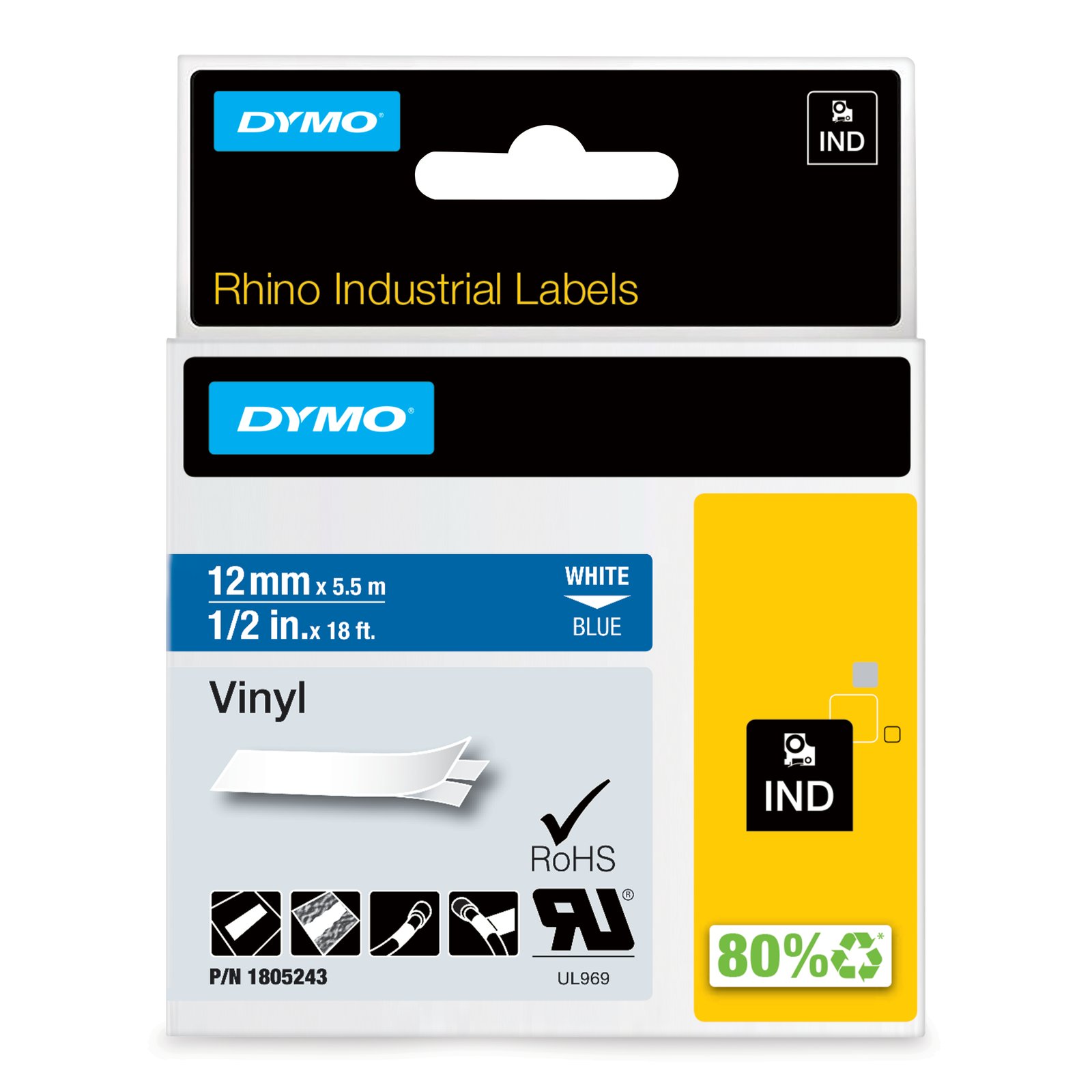 DYMO Rhino Industrial Vinyl Labels | 12 mm x 5.5m | White Print on Blue | Self-Adhesive | for NWL-1805243