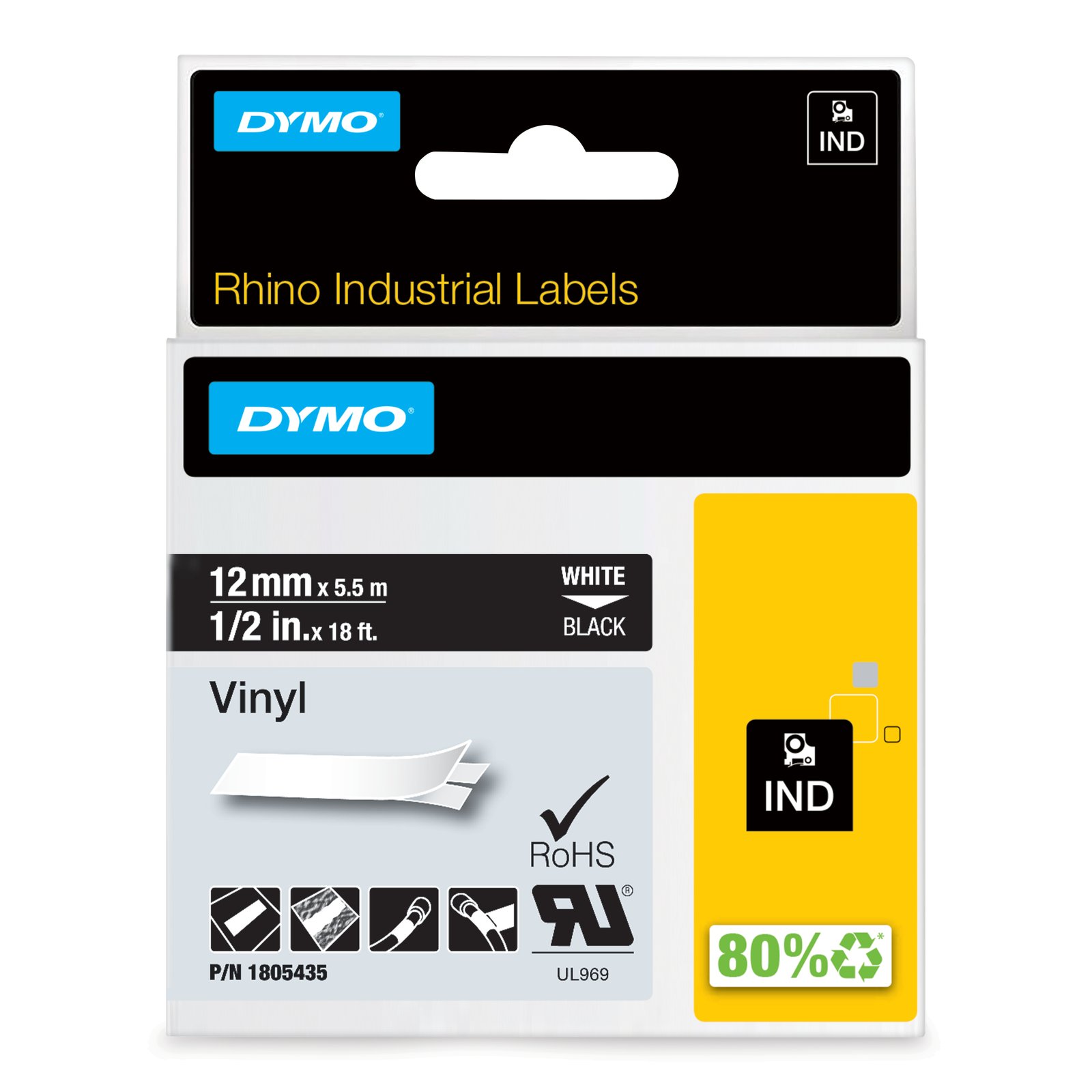 DYMO Rhino Industrial Vinyl Labels | 12 mm x 5.5 m | White Print on Black | Self-Adhesive | for NWL-1805435