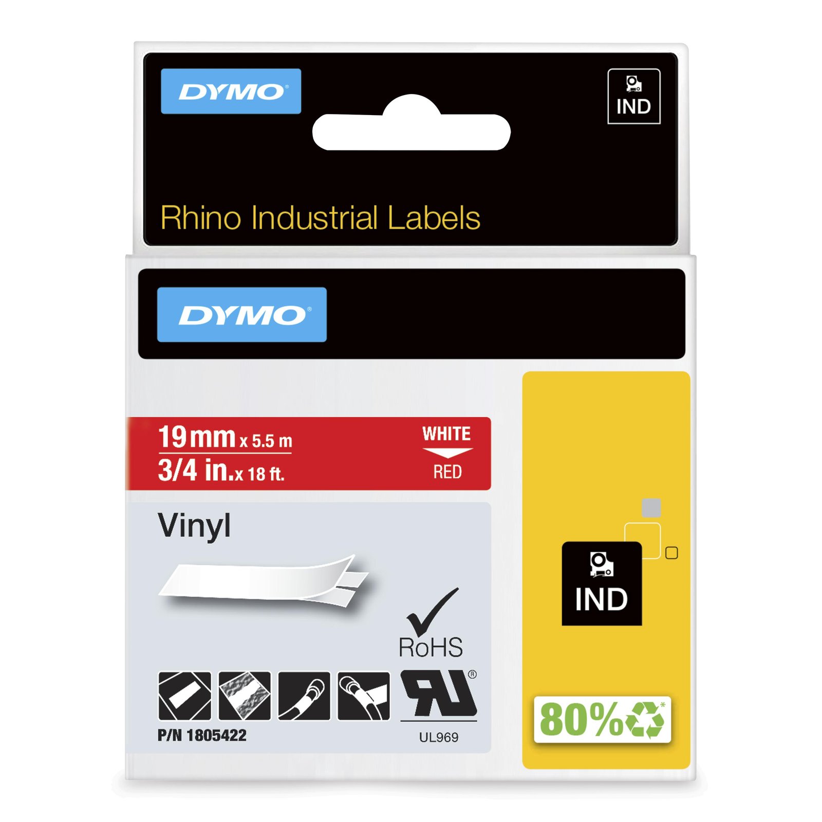 DYMO Rhino Industrial Vinyl Labels | 19 mm x 5.5 m | White Print on Red | Self-Adhesive | for & NWL-1805422