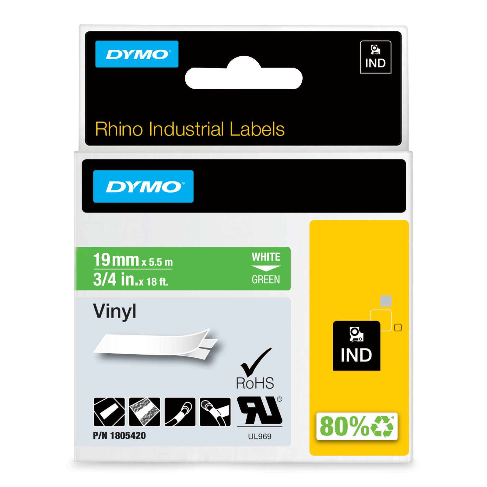 DYMO Rhino Industrial Vinyl Labels | 19 mm x 5.5 m | White Print on Green | Self-Adhesive | for NWL-1805420
