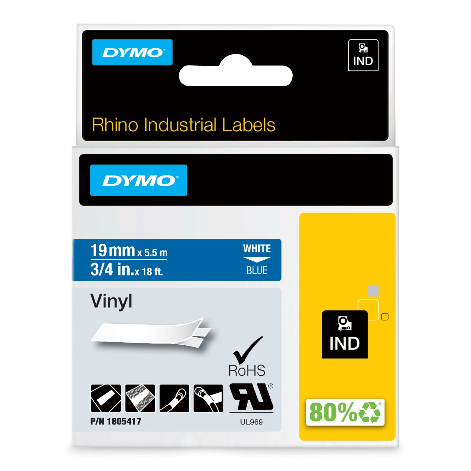 DYMO Rhino Industrial Vinyl Labels | 19 mm x 5.5 m | White Print on Blue | Self-Adhesive | for NWL-1805417