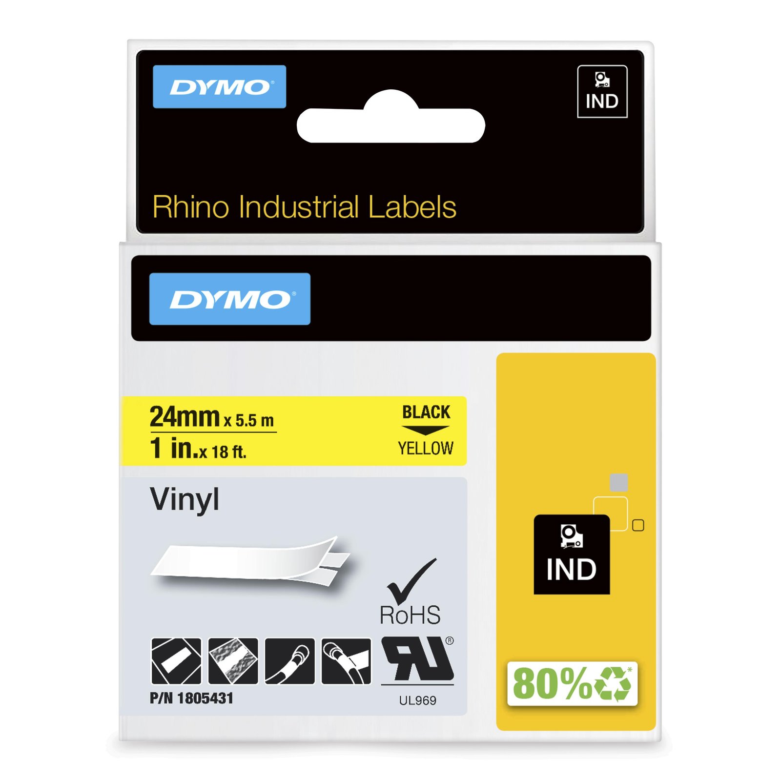 DYMO Rhino Industrial Vinyl Labels | 24 mm x 5.5 m | Black Print on Yellow | Self-Adhesive | for NWL-1805431