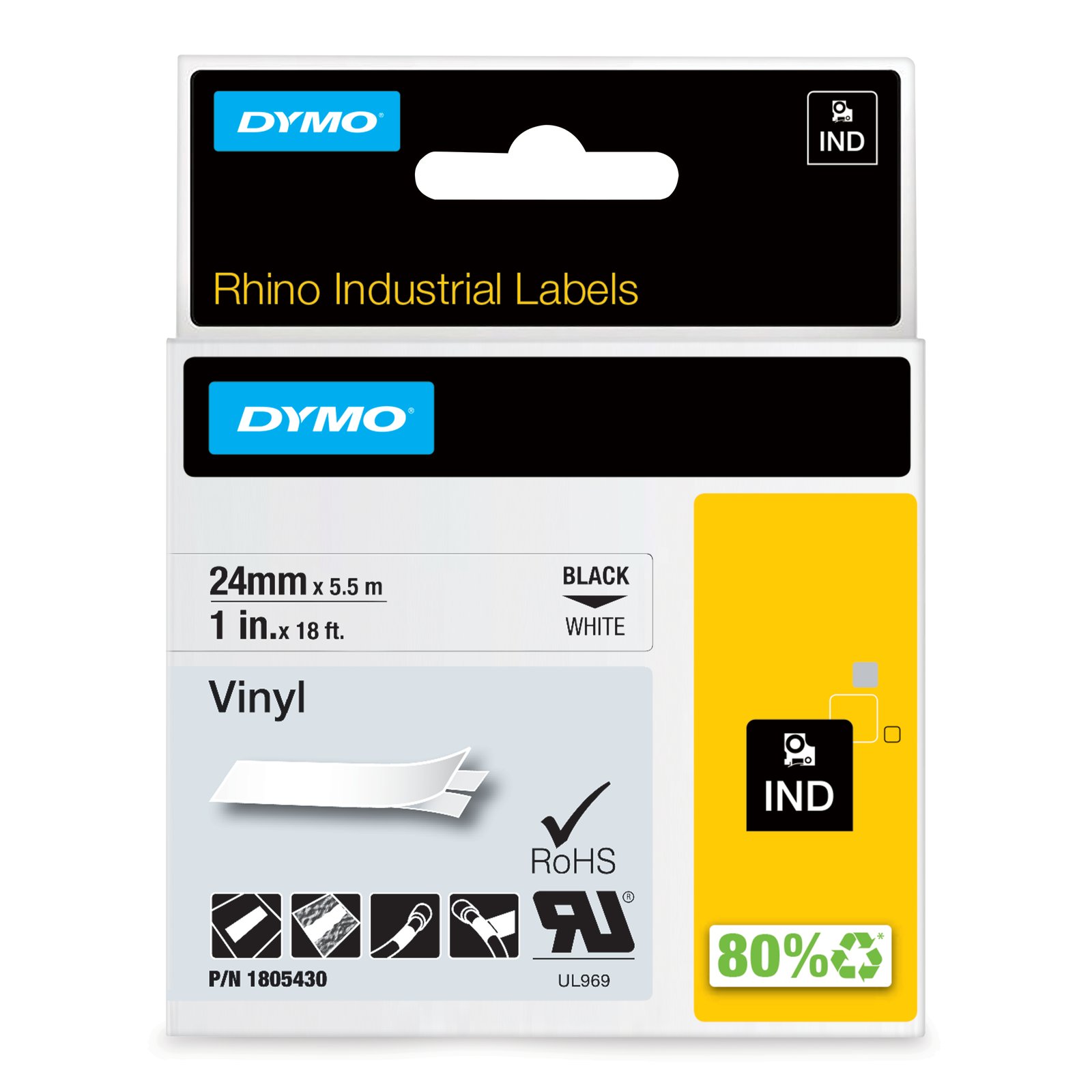 DYMO Rhino Industrial Vinyl Labels | 24 mm x 5.5m | Black Print on White | Self-Adhesive | for NWL-1805430
