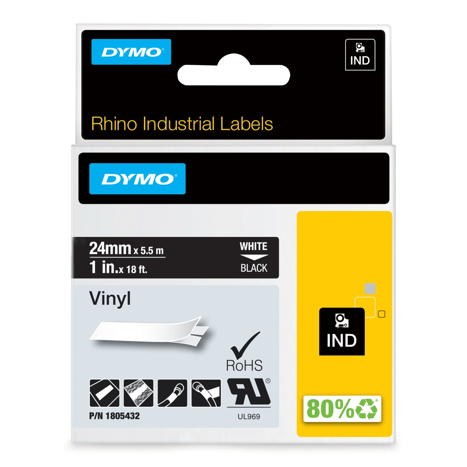 DYMO Rhino Industrial Vinyl Labels | 24 mm x 5.5 m | White Print on Black | Self-Adhesive | for NWL-1805432
