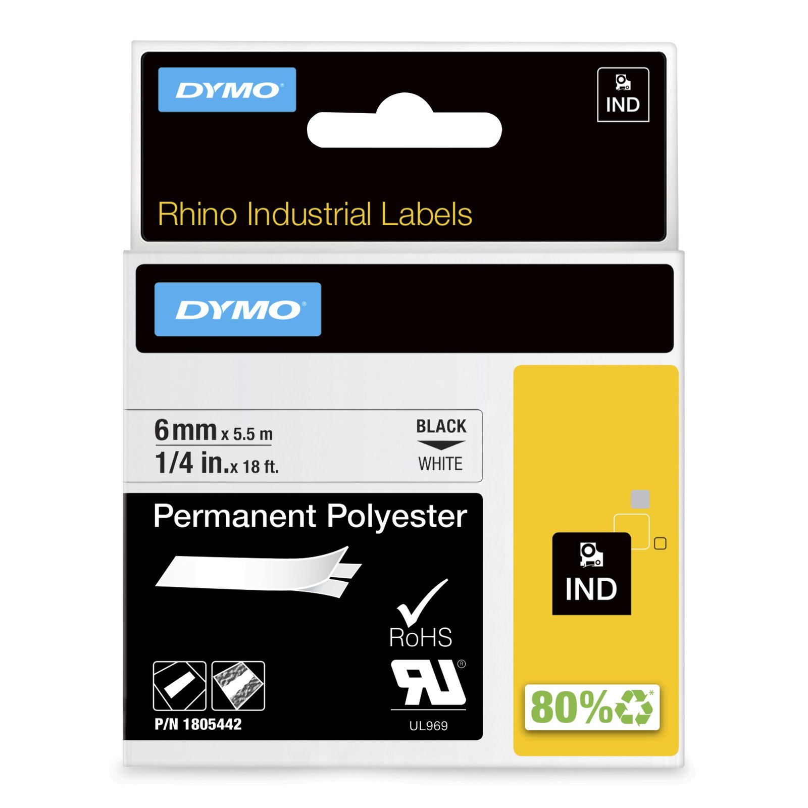 DYMO Rhino Industrial Permanent Polyester Labels | 6 mm x 5.5 m | Black Print on White | NWL-1805442