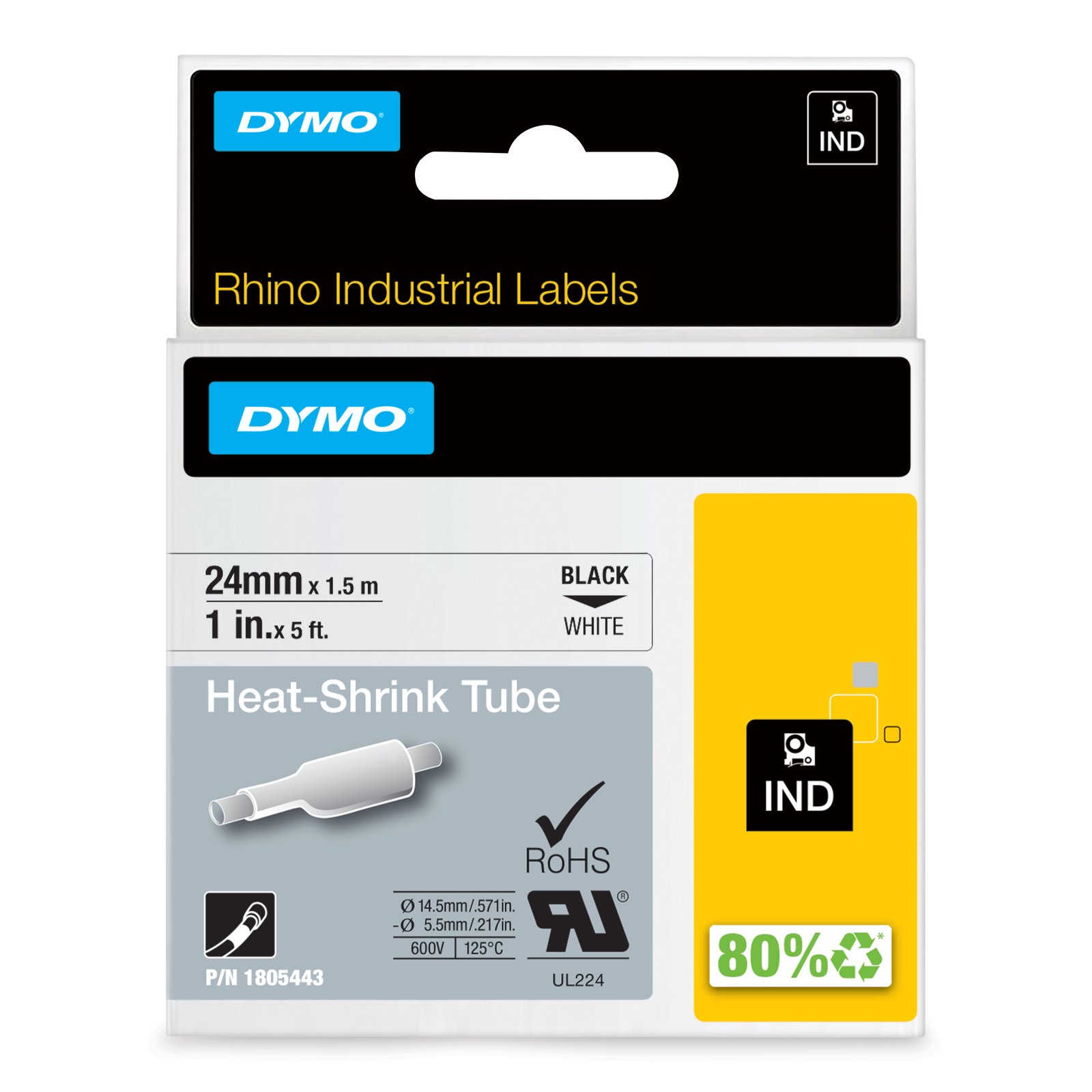 DYMO Rhino Industrial Heat-Shrink Cable Label Tubes | 24 mm x 1.5 m | Black Print on White | NWL-1805443