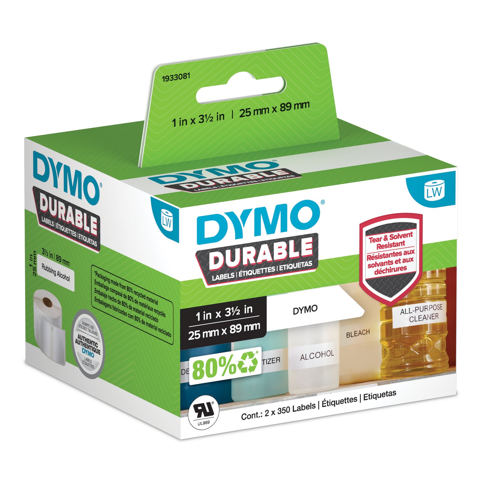 DYMO Original LabelWriter Durable Labels | 25mm x 89mm | White Poly | 2 Rolls of 350 (700 NWL-1933081