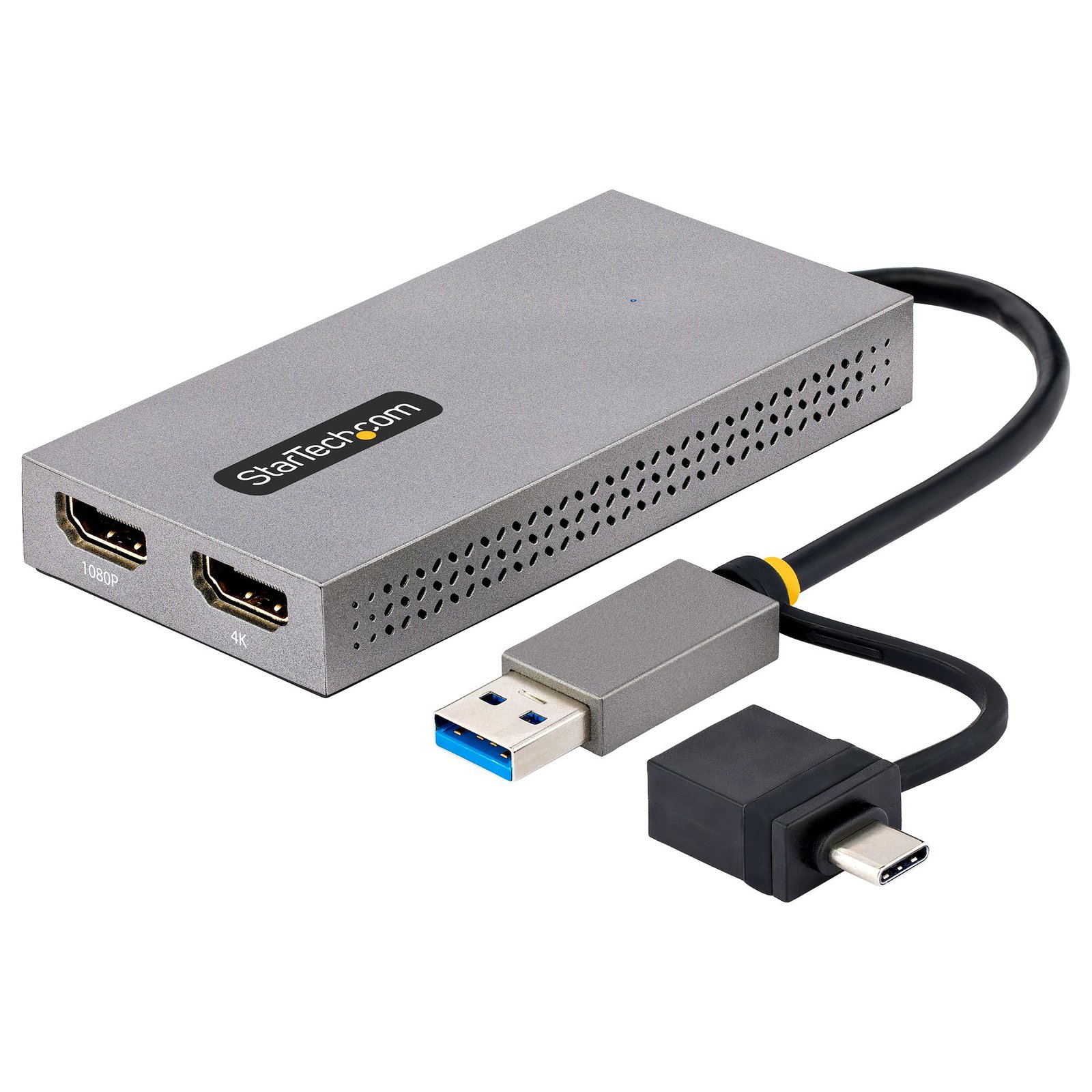 StarTech.com USB to Dual HDMI Adapter, A/C 2x Displays (1x 4K30Hz, 1080p), Integrated USB-A C STA-107B-USB-HDMI