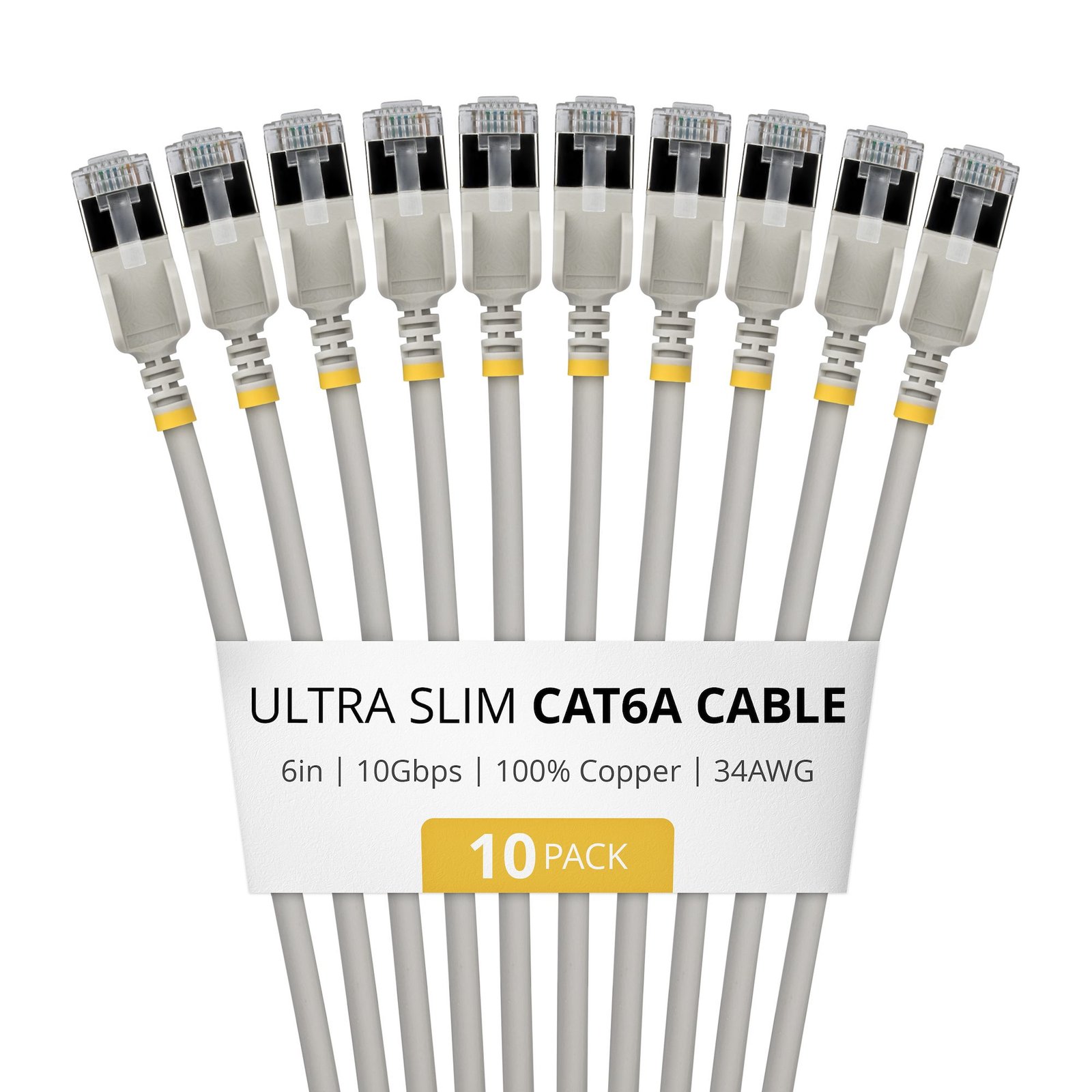 StarTech.com 6in Gray Ultra Slim Cat6A Ethernet Cable, 10 Pack, Snagless, FTP, Pure Bare Copper 6ASTP34GRS6IN10PK