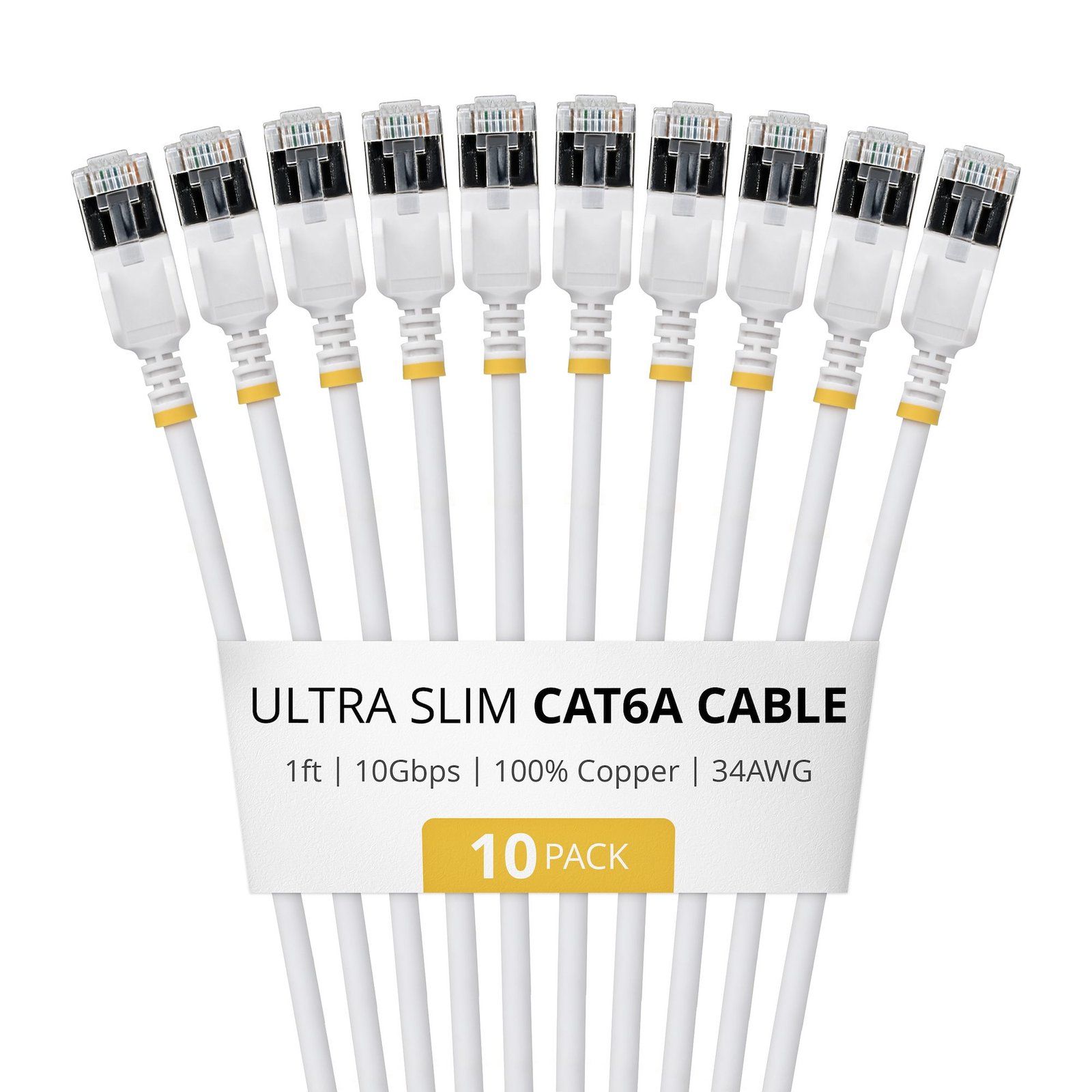 StarTech.com 1ft White Ultra Slim Cat6A Ethernet Cable, 10 Pack, Snagless, FTP, Pure Bare Copper 6ASTP34WHS1FT10PK