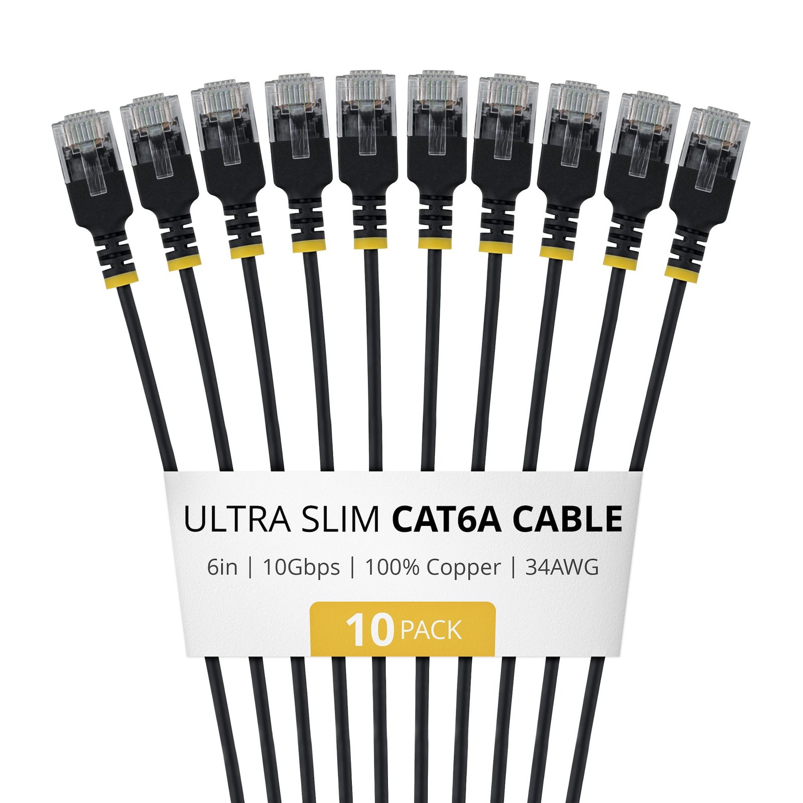 StarTech.com 6in Black Ultra Slim Cat6A Ethernet Cable, 10 pack, UTP, Pure Bare Copper Wire, 34AWG 6AUTP34BKS6IN10PK